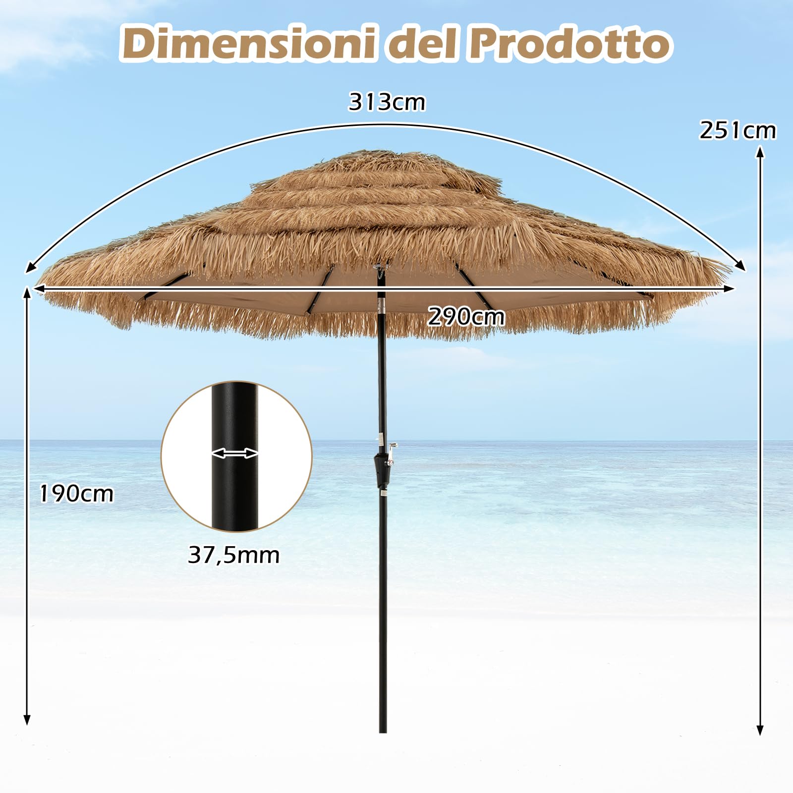 GYMAX Ombrellone da Spiaggia Pieghevole 2 M, Ombrellone di Paglia con 8 Stecche, Struttura in Metallo, Ombrello con Direzione Regolabile, Arredo da Esterno (Naturale/D.2,9 x H.1,9M)