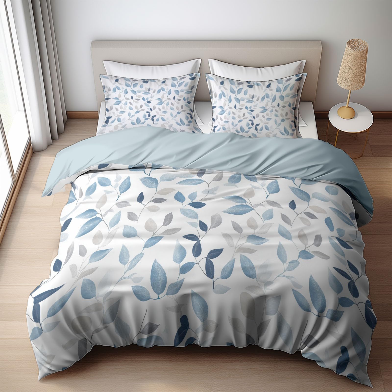 Parure de lit pour Enfant 240x260 cm Feuilles Bleues Housse de Couette Polycoton Ensemble de Literie Linge de Lit avec Taies d'oreiller, pour Décoration Chambre à Coucher