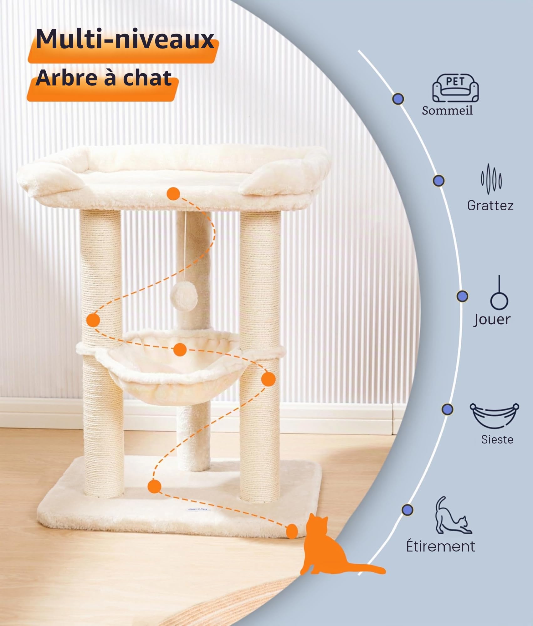 Happi N Pets Arbre à Chat Tour de 71 cm, Grand griffoir avec Grand lit pour Grands félins, griffoir en sisal avec perchoir Moelleux et hamac, Support Stable pour Chat, Housse Amovible, Beige