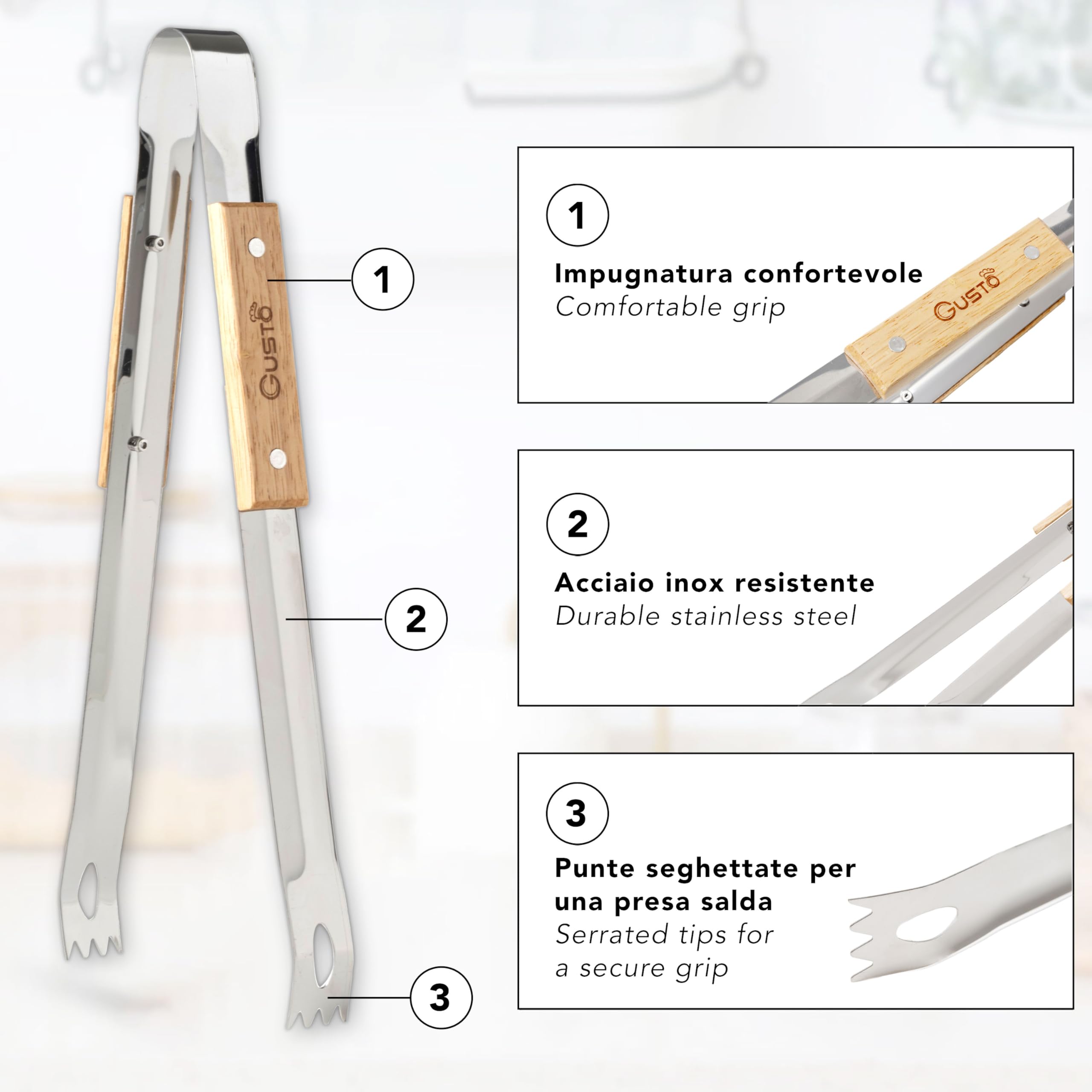 Pinze Da Cucina In Acciaio Inox Con Manici Legno - 36cm, Resistenti Al Calore Per BBQ E Carne