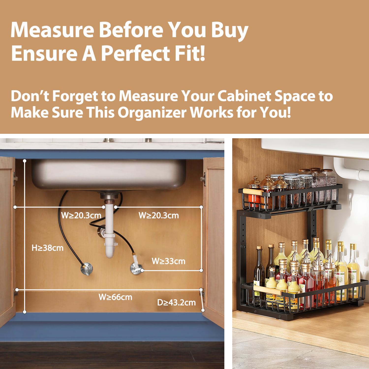 2 Etagen Unter Waschbecken Regal 42.5cm Höhenverstellbar Ausziehbares Küchen Spülschrank Organizer mit Schiebeschubladen Metall Spülenunterschrank Lagerregal Organizer für Küche, Badezimmer