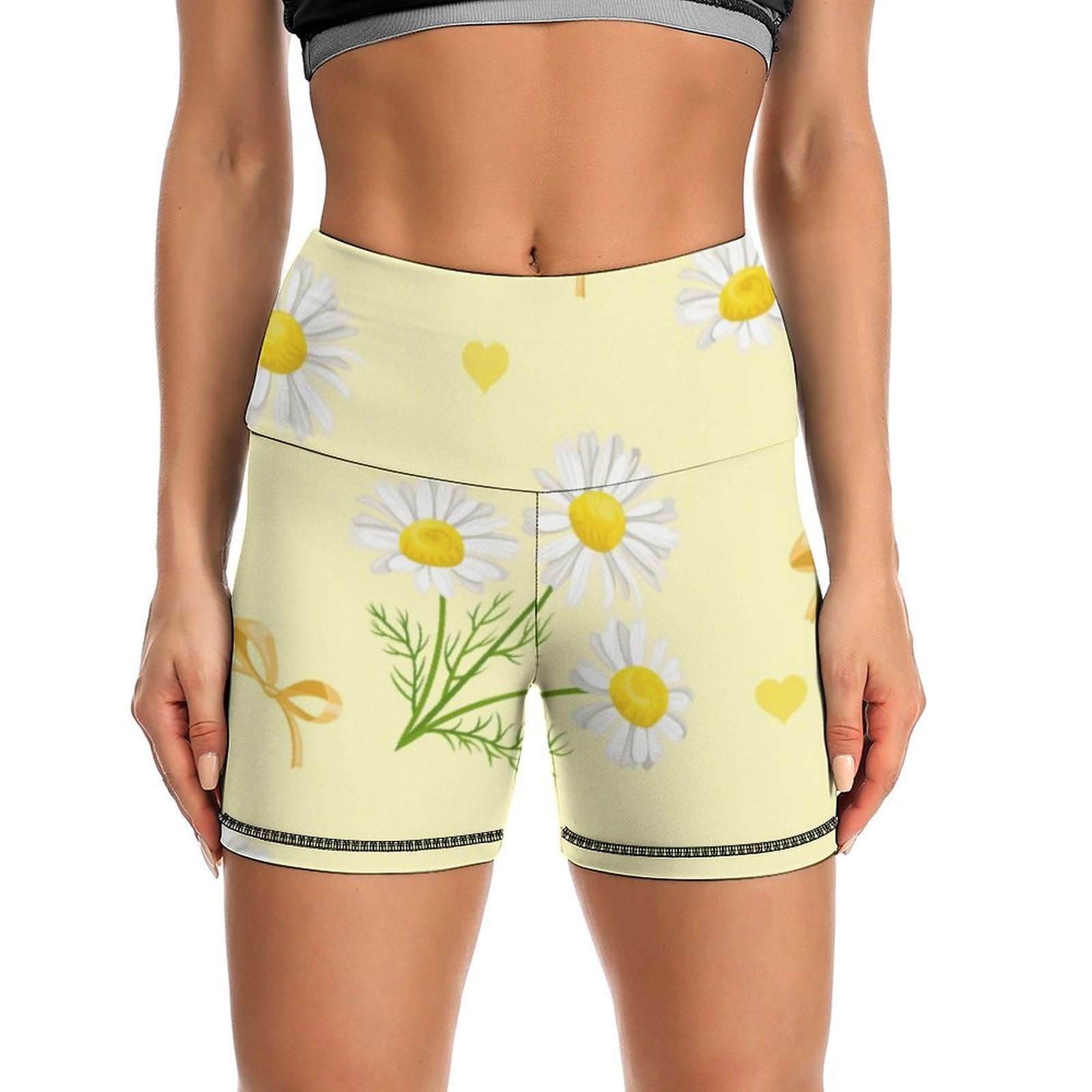 Cute Daisy Print High Waist Yoga Shorts for Women Athletic Shorts Leggings Running Pants Black