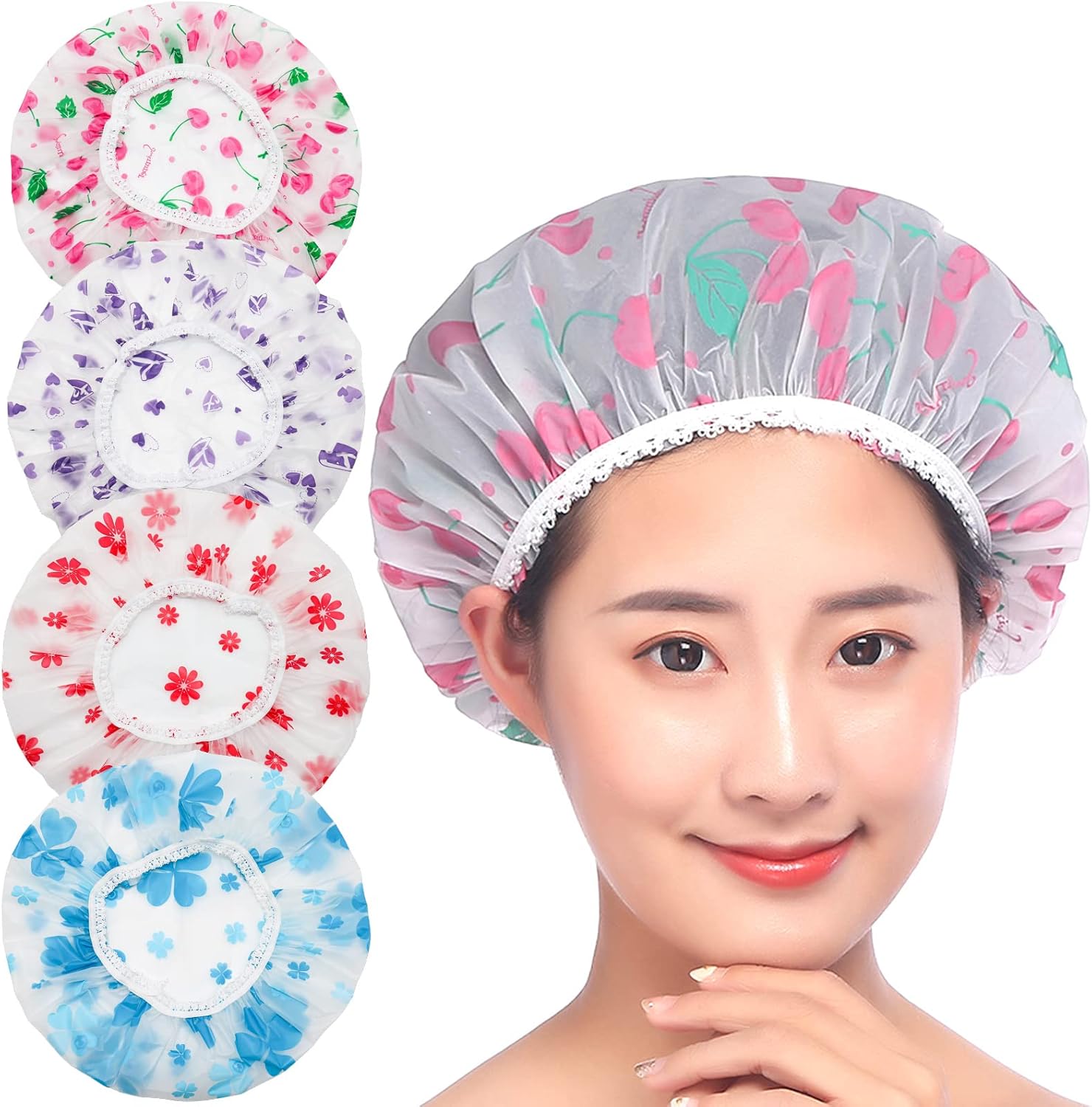 Shower Cap, Waterproof Shower Cap for Women Reusable Large Elastic Hair Caps Hat for Long Hair