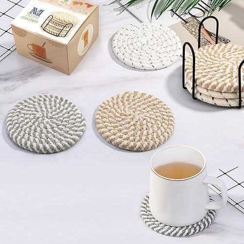 Miniatura 2 de MeltsetM - Juego de posavasos tejidos absorbentes para bebidas, con soporte, bonitos posavasos de tela para mesa de café, escritorio de oficina,