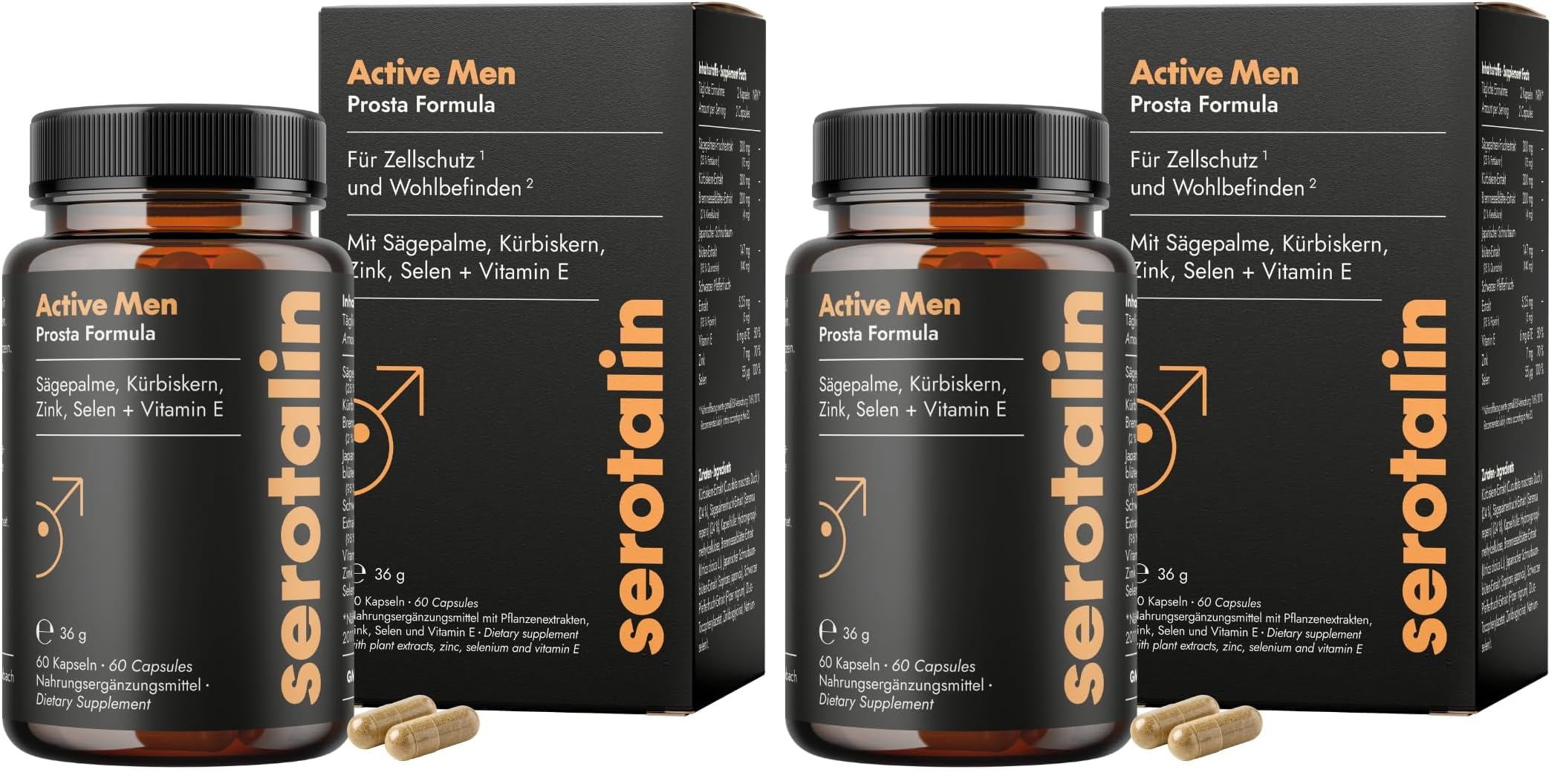 serotalin Active Men Prosta Formula - Prostata Komplex Kapseln für Männer – Mit Sägepalme, Kürbiskernextrakt & Brennnesselblätter - Vegan & Made in Germany - 60 Stück (Packung mit 2)