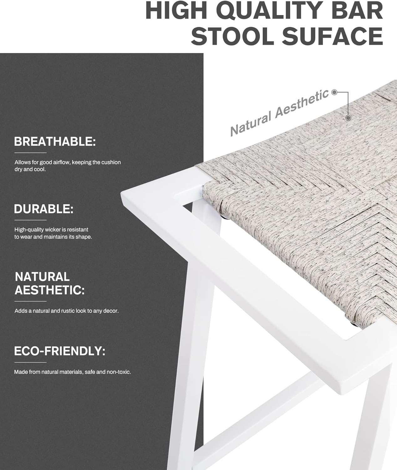 Bar Stools Set of 2- Wicker Counter Bar Height Stools- 26" Backless Outdoor Bar Stools- Bar Stools for Kitchen Island, Modern Bar stools with Metal Legs- White,2 pcs