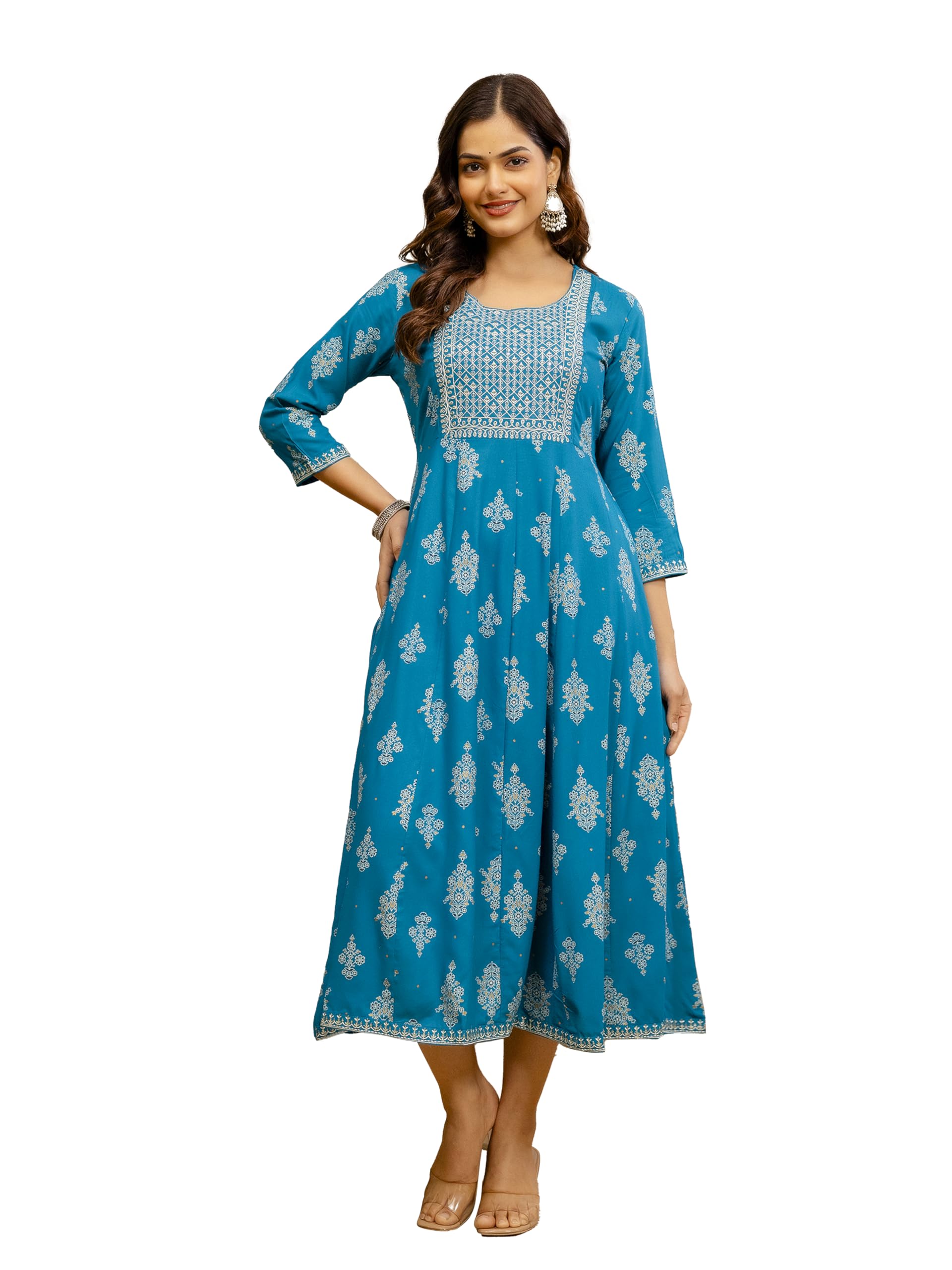 TRENDMALLS Women's Cotton Embroidery Sequence Work Foil Print A-Line Flared Kurti for Women