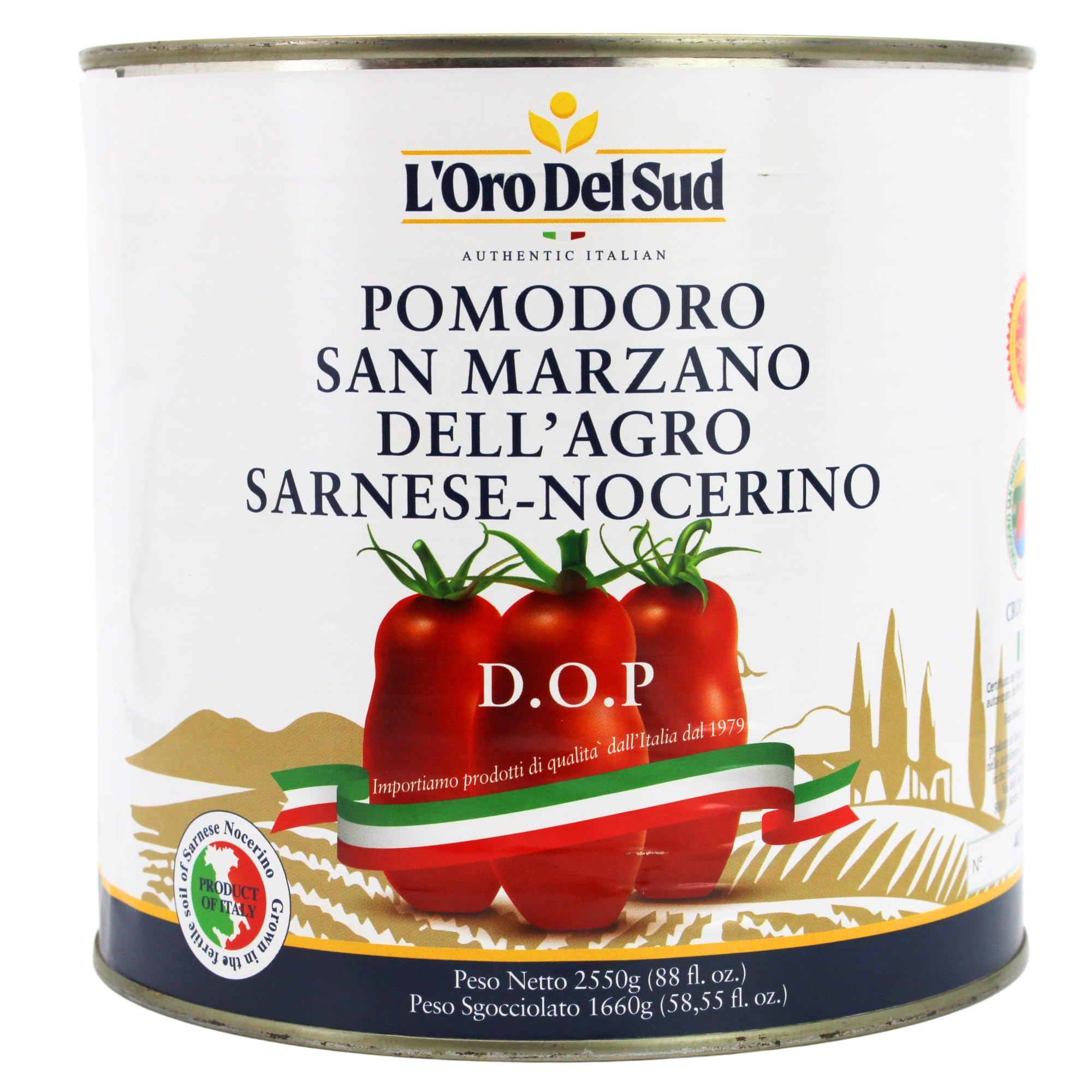L'Oro Del Sud - D.O.P San Marzano Tomatoes of Agro Sarnese-Nocerino Area, Net Wt. 2550g (88 fl. oz). Pomodoro San Marzano dell’Agro Sarnese-Nocerino DOP Certification