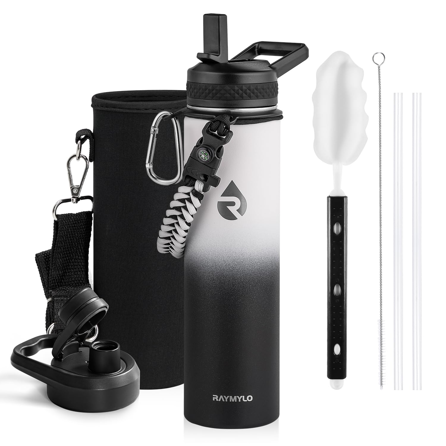 RAYMYLO Insulated Water Bottle 24 oz, Triple Wall Vacuum Stainless Steel | (Cold for 24Hrs, Hot for 12Hrs), Leak Proof & Non-BPA, Modern Water Flask Jug with Paracord Handle & Straw Spout Lids Ombre: White/Black 24 Ounces