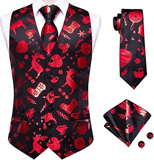 Hi-Tie Christmas Vest for Men Snowflake/Christmas Tree/Reindeer Festive Dress Waistcoat Necktie Pocket Square Cufflinks Set