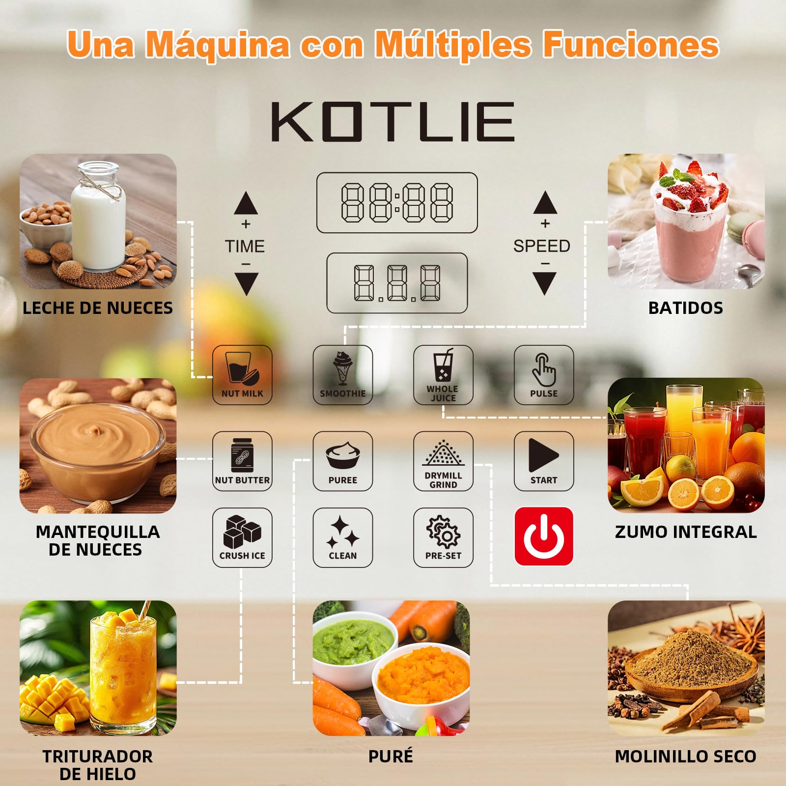 KOTLIE NY-8088EJA Blender grand récipient 2 L, 7 fonctions alimentaires, avec fonction auto-nettoyante (sans chauffage)