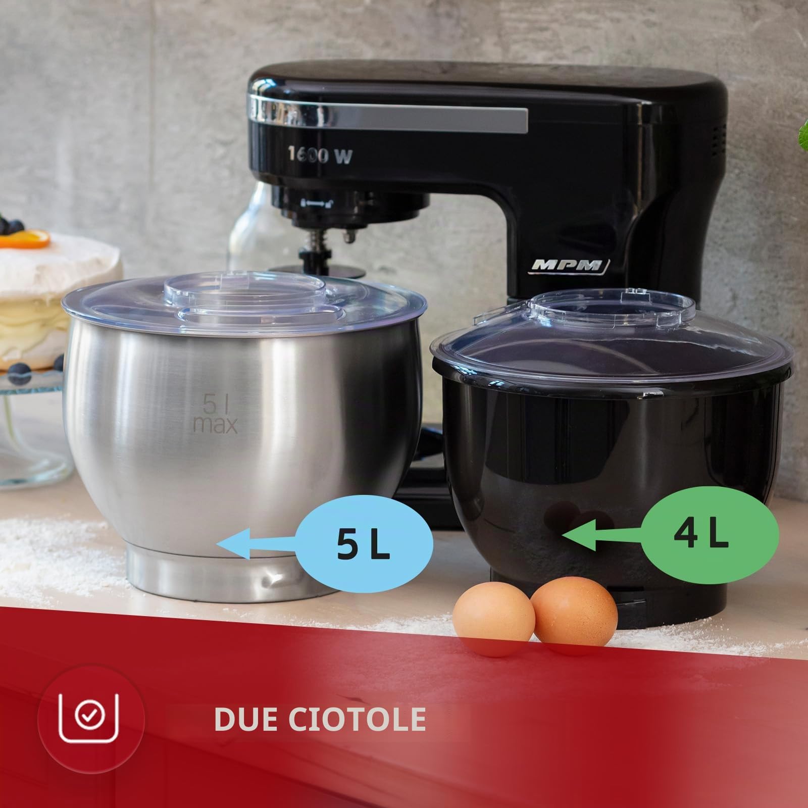 MPM - Robot da cucina planetario con 2 ciotole da 4 e 5 litri - robot da cucina da 1600 W - nero