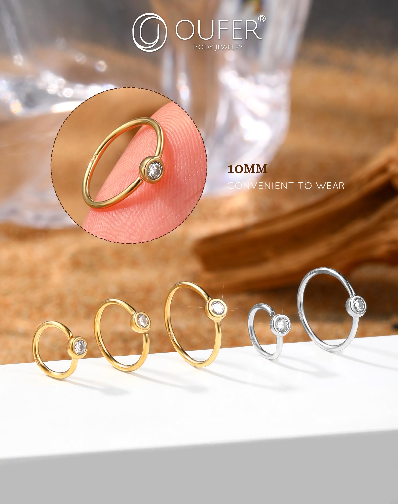 OUFER 20G Anello Naso Gold Seamless Open Piercing Naso Argento 925 CZ Trasparente Piercing Naso Nostril 10 mm Nose Piercing Nose Hoop Piercing Naso Donna Anellino