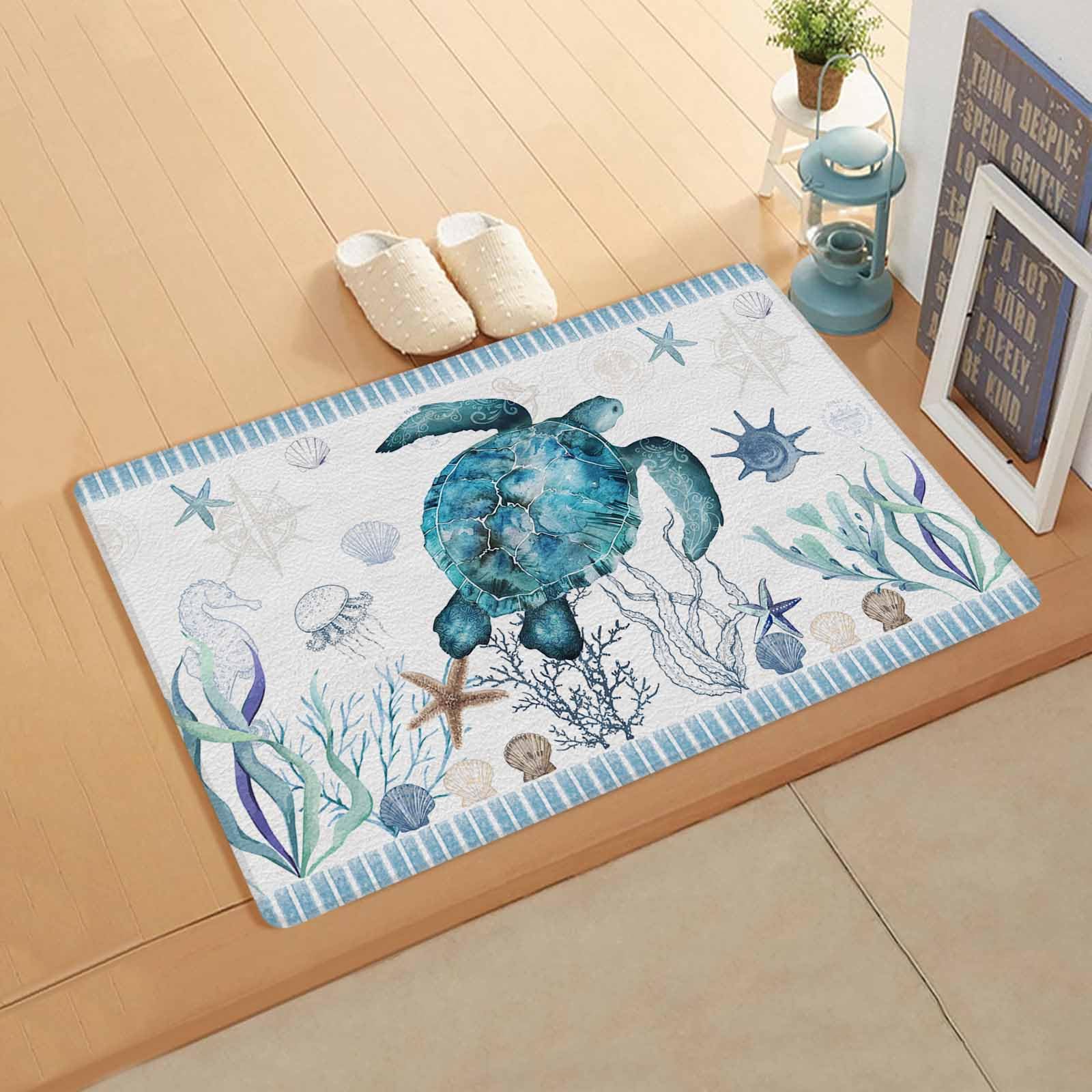 Nautical Turtle Antifatigue Kitchen Bath Door Mat Cushioned Runner Rug,Washable Welcome Floor Sink Mat,Waterproof & Non-Slip Kitchen Standing Doormat,Coastal Starfish Shells Corals Anchor Blue 24