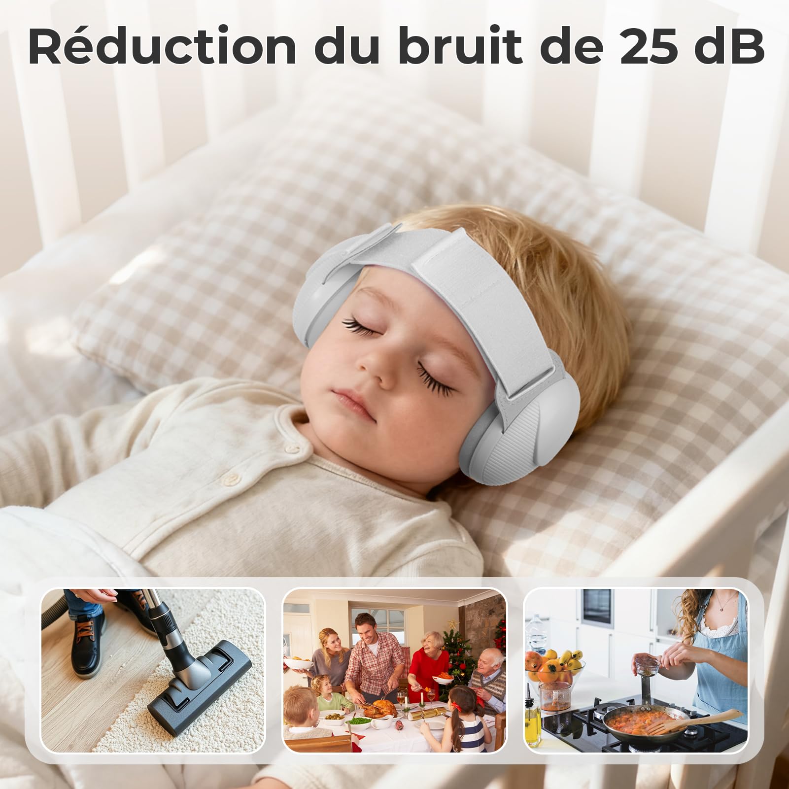 Casque Anti Bruit pour Bébés, Protection Auditive pour Enfants de 0 à 48 Mois, Homologués CE & ANSI, 25dB Casques Réduction Bruit Bebe pour le Sommeil et les Voyages en Avion - Gris