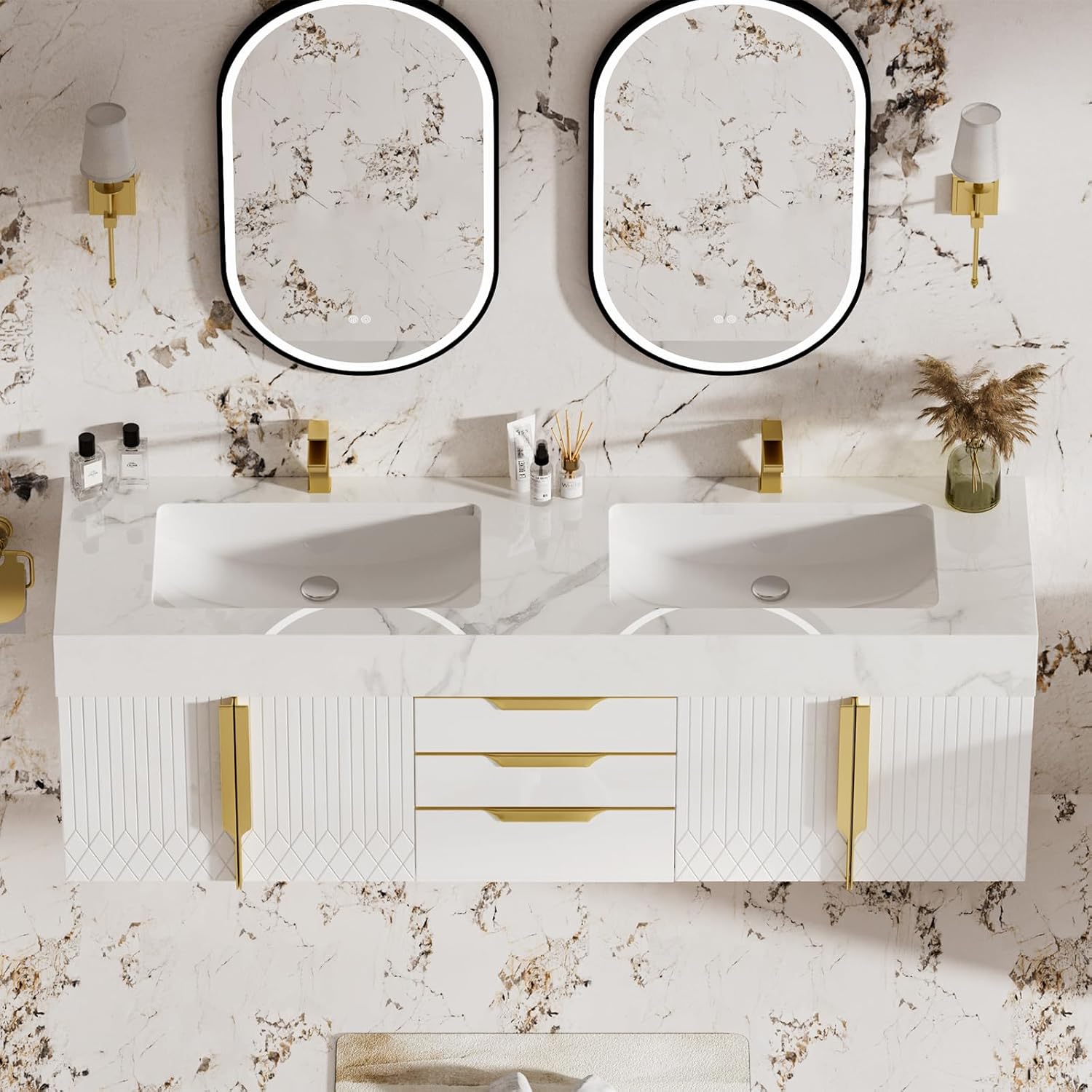 homary 60" Floating Bathroom Vanity Set with Double Sink, Modern Bathroom Sink Cabinet Storage Cabinet with Sintered Stone Countertop and Ample Storage, White