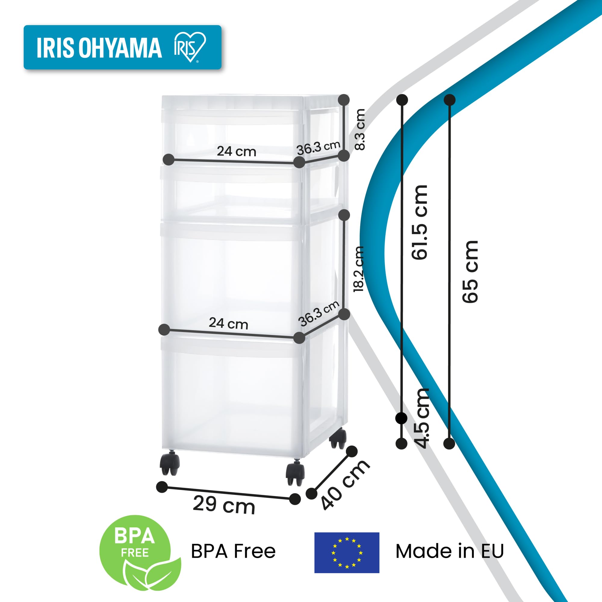 Iris Ohyama Cassettiera in Plastica con ruote, 2 Grandi & 2 Cassetti Piccoli, Biancastro, Maniglie facili da tirare, Organizzatore, Per Camera Da Letto, Bagno, Ufficio, Senza BPA, Contenitore, DC-322