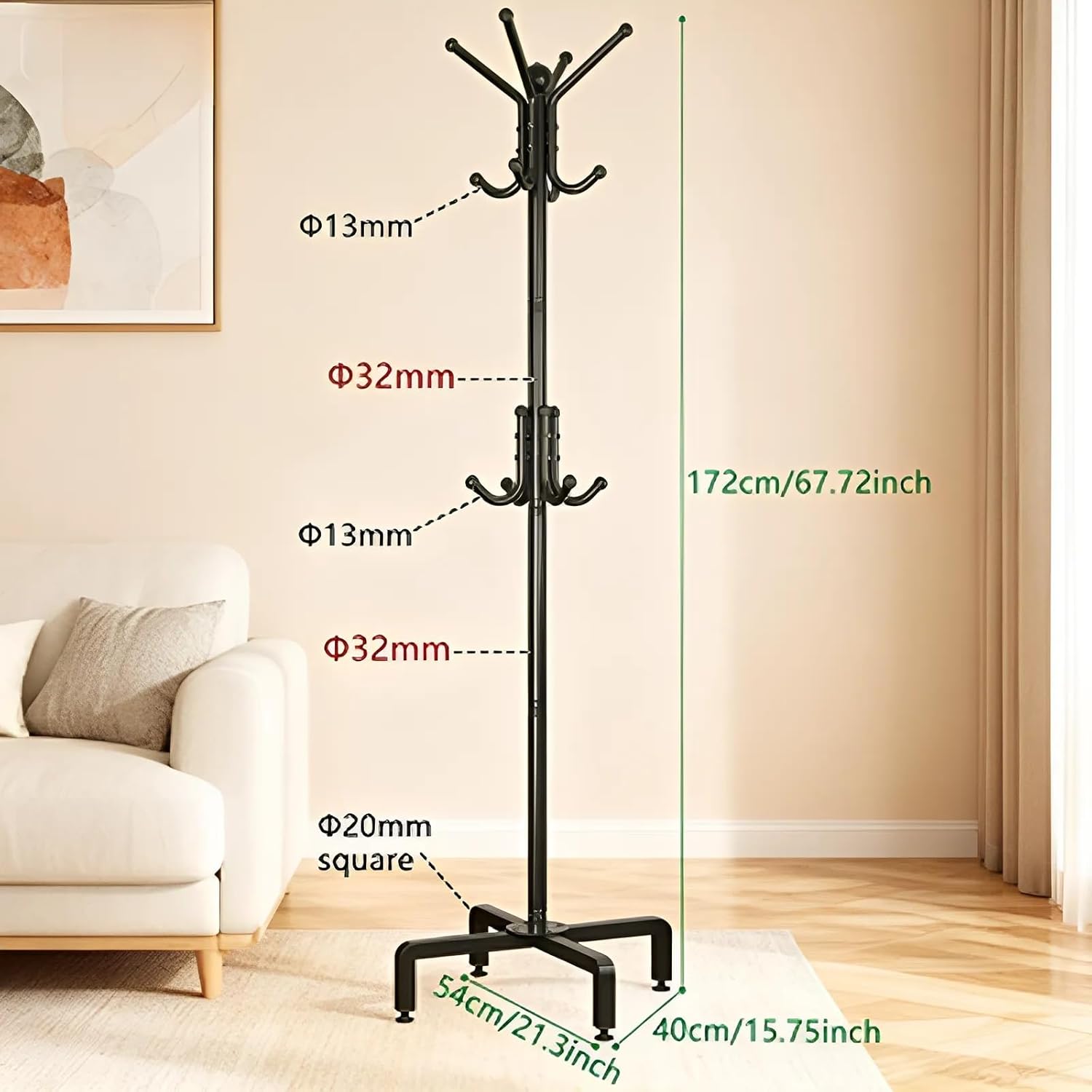 12 Hook Hood Rack, Freestanding Design, For Entrance, Hallway, Bedroom and Office, Metal Material to Hang Coat, Hat and Bag, Black
