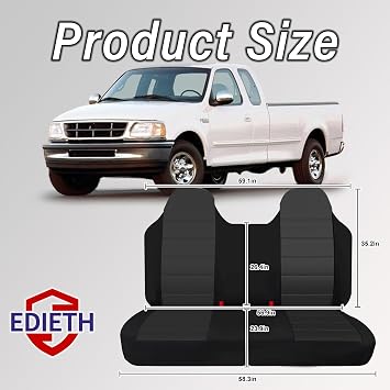 Heavy-Duty & Machine Washable Front Bench Seat Cover for Ford F150 F250 F350 1992 1993 1994 1995 1996 1997 1998 Composite Sponge Fabric with Molded Headrests, No Center Armrest Fit - Black