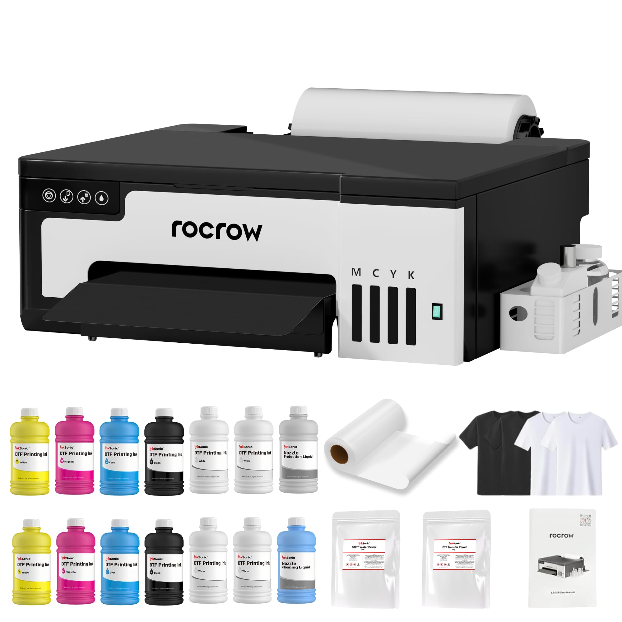 RocRow A4 L8058 DTF Printer Bundle, XP600 DTF Printer Machine with Handheld Heat Press for DIY T Shirt Printing, White Ink Mixing, Auto Cleaning for DIY & Custom Printing, Auto Curing, inksonic L8