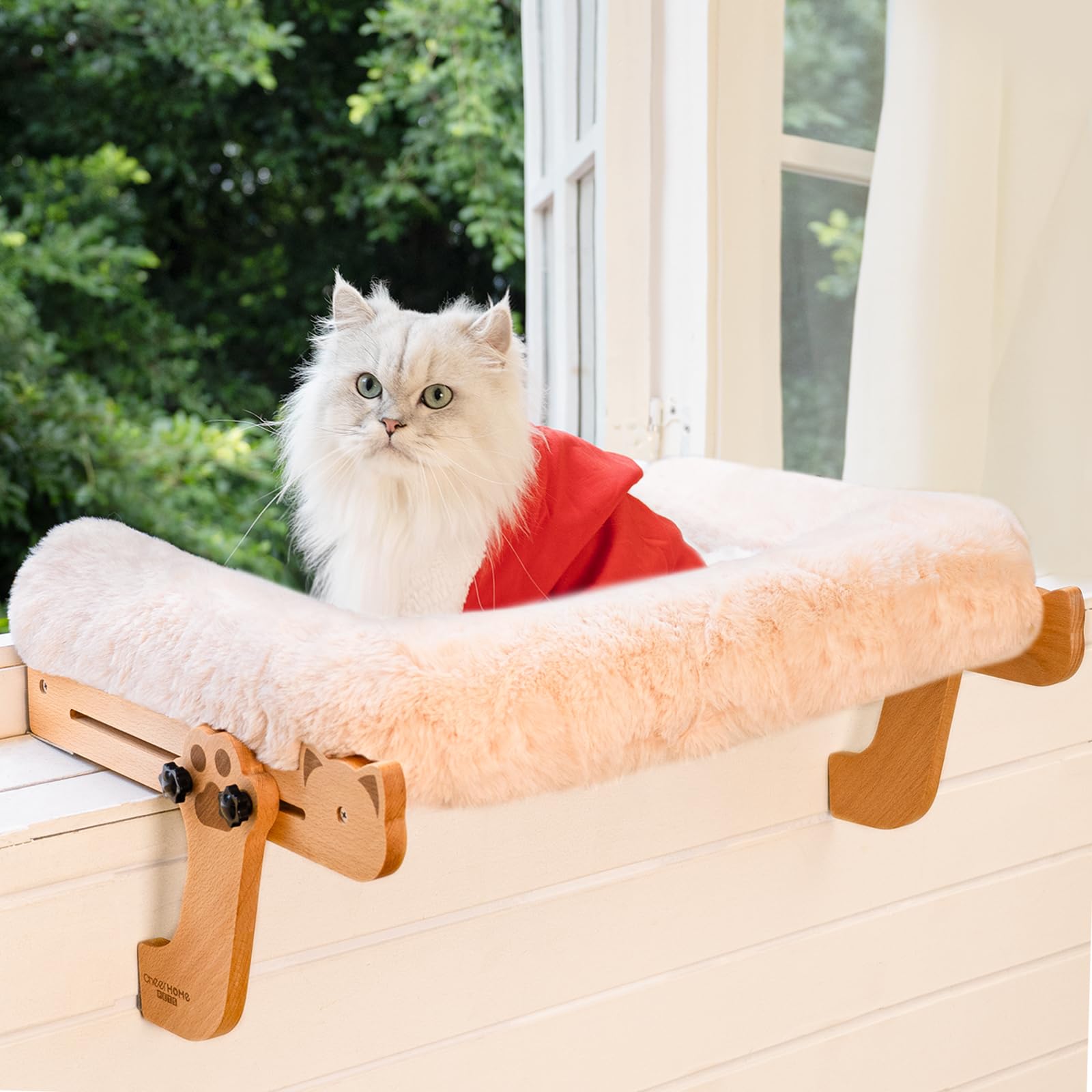 CHEERHOME PETS Percha de ventana para gatos con refuerzo, cama para gatos grandes, hamaca para ventana, asiento de madera ajustable para alféizar de la ventana de la mesita de noche (blanco roto)