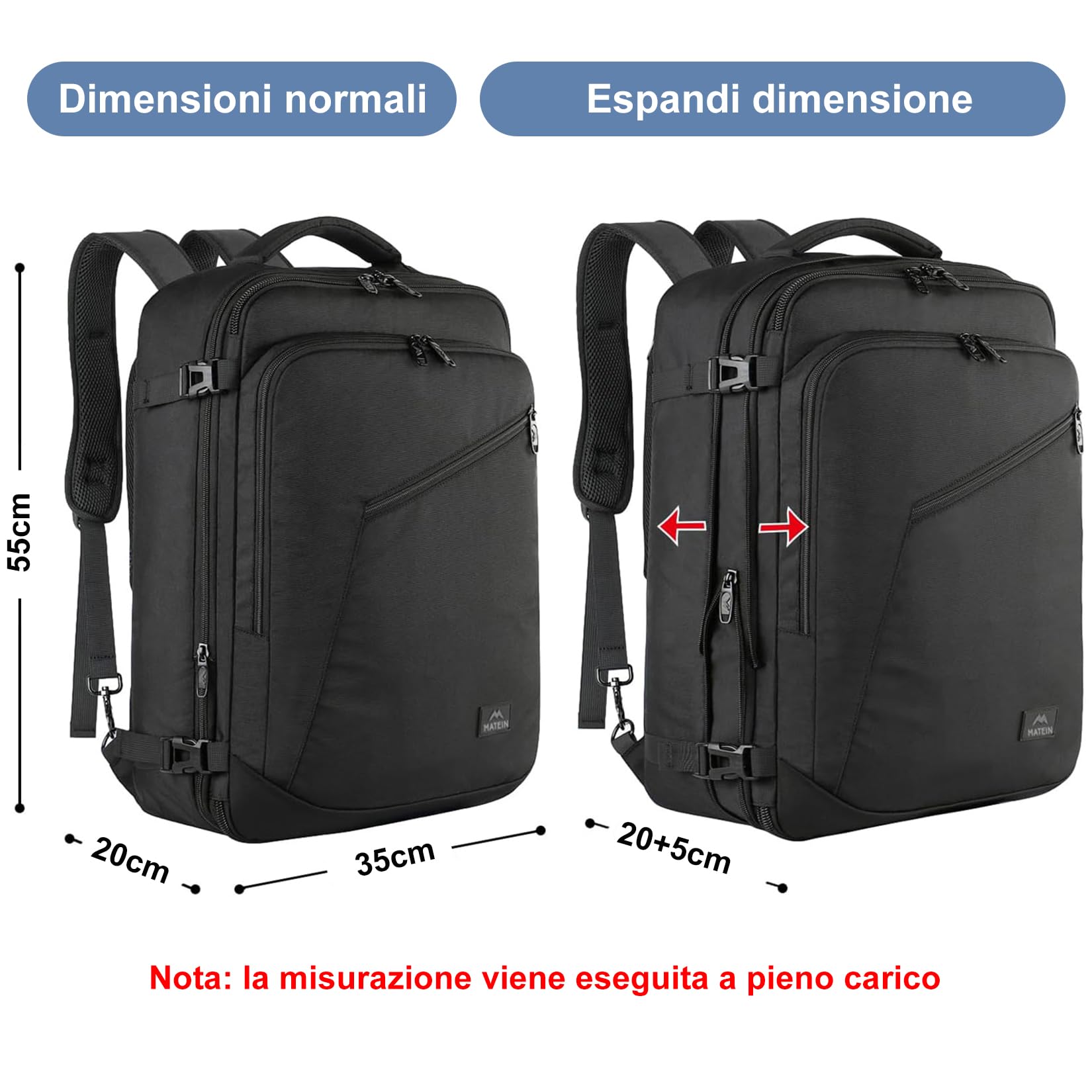 MATEIN Bagaglio a Mano Aereo 55x35x25 ITA Airways, Zaino da Viaggio 50L Borsa da Cabina Espandibile Travel Bag per Donna Uomo, Multitasche Leggero Zaini Casual per Air France, Air Europa, KLM, Nero
