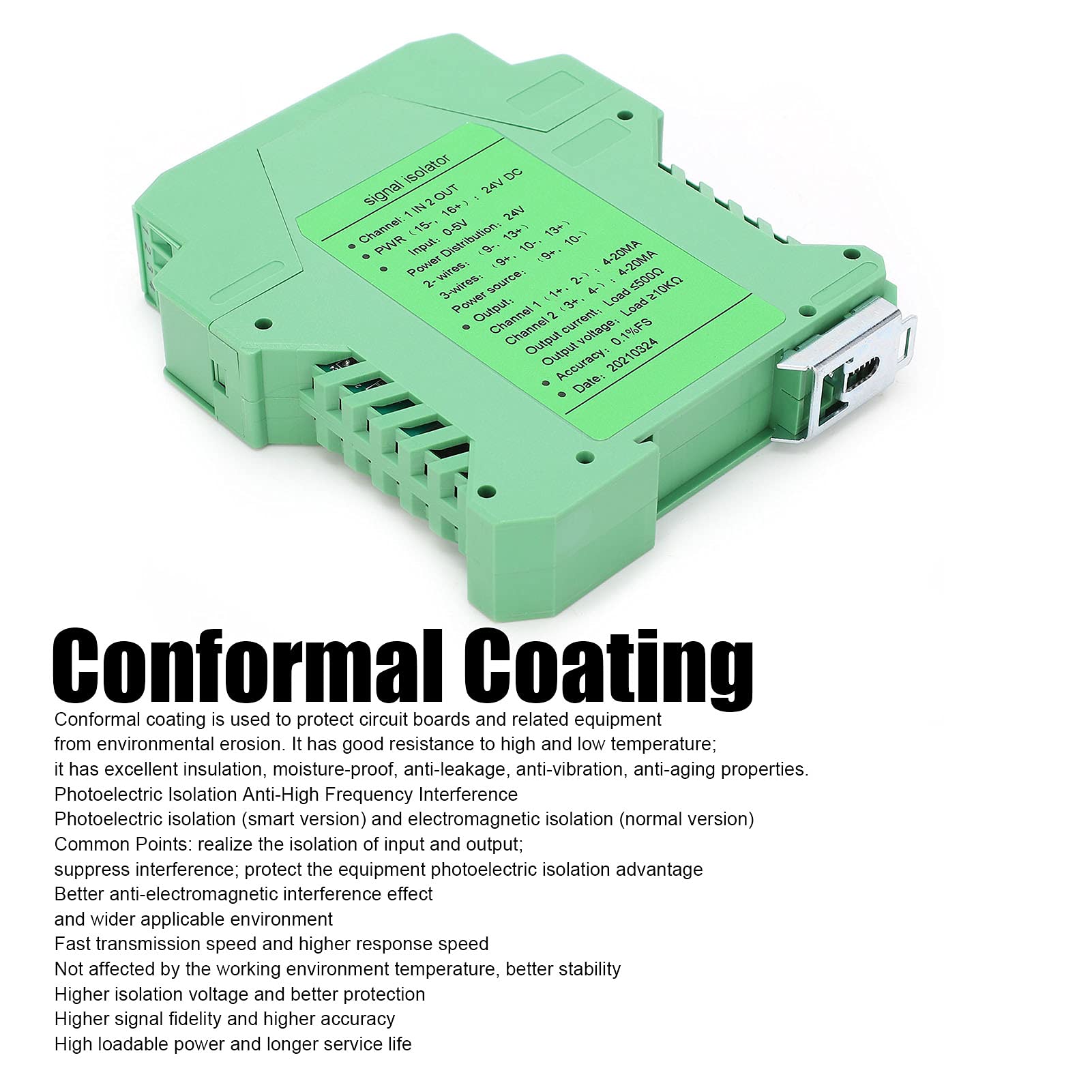 FLEXMAN DC Signal Isolator, 24V DC 0~5V Input 4 20mA Output 1In2 Out 35mm Guide Rail Current Isolator Transmitter for Provides Isolated Power Distribution