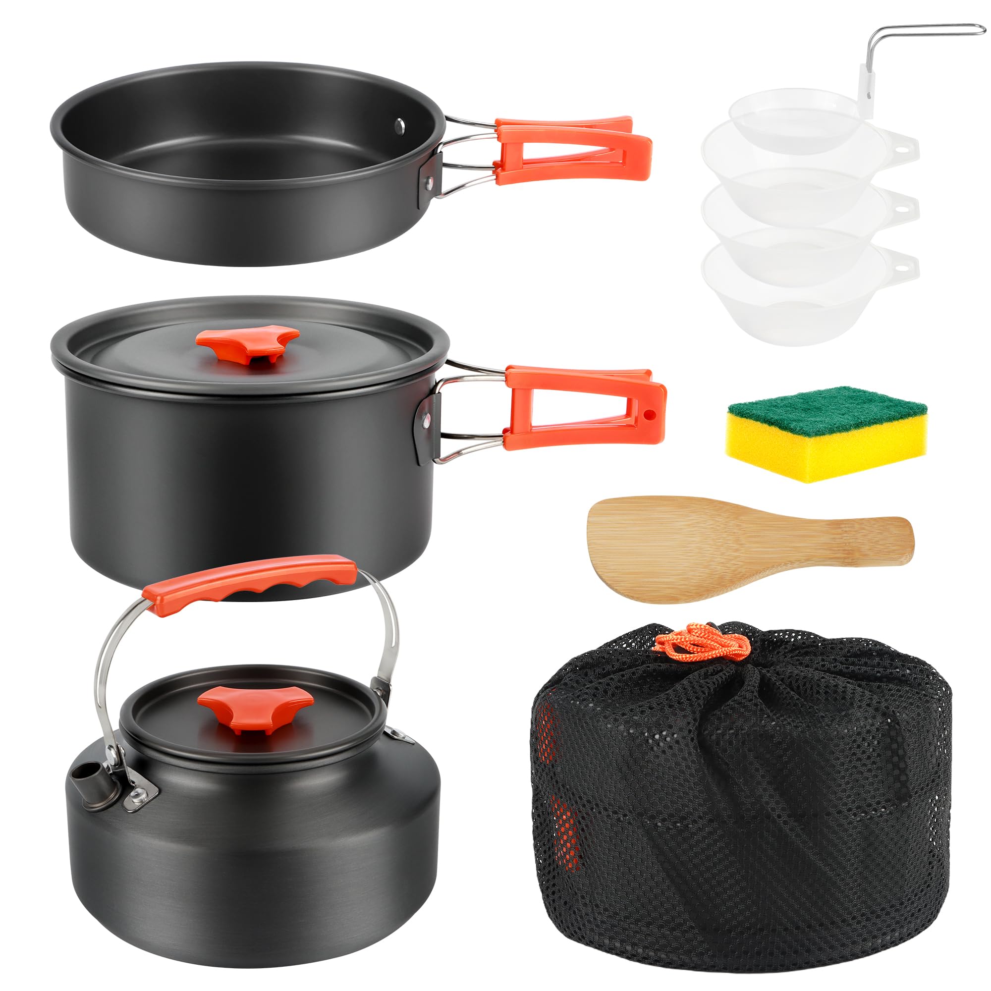 10 PCS Campeggio Pentole Utensili Set, Stoviglie da Campeggio con Pentola Padella Tazza Posate Pieghevoli e Sacchetti per Outdoor Utensili da Cucina da Campeggio