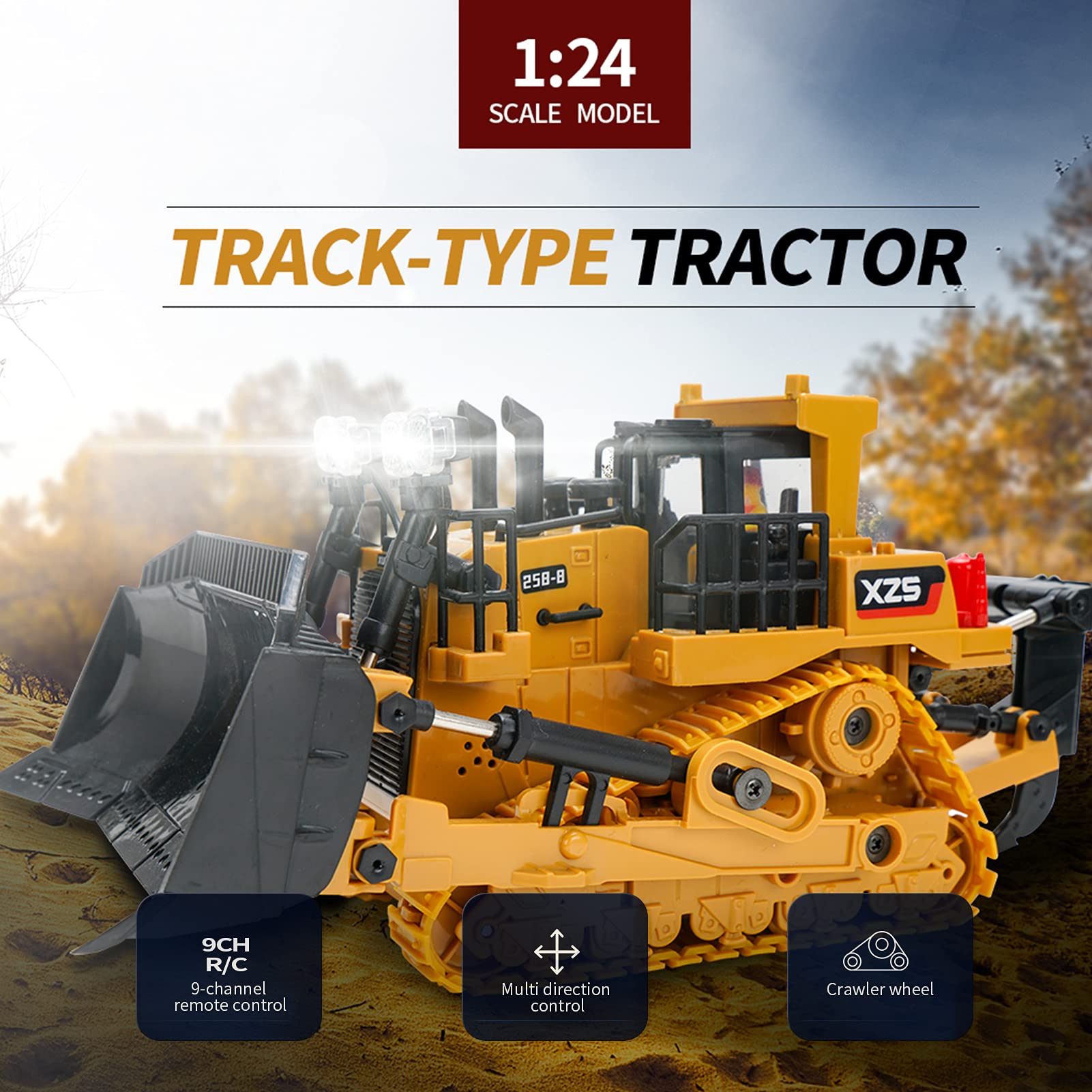 Jemora 1:24 2.4G 9CH RC Bulldozer RC Tracteur Camion Véhicules d'ingénierie de Construction avec Une démonstration clé Simulation de lumière LED Fonction sonore Jouets éducatifs pour Enfants