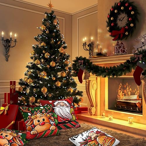 Miniatura 5 de Juego de 4 fundas de almohada navideñas de 18 x 18 pulgadas, fundas de almohada de Navidad, decoración de casa rural, funda de almohada de lino con