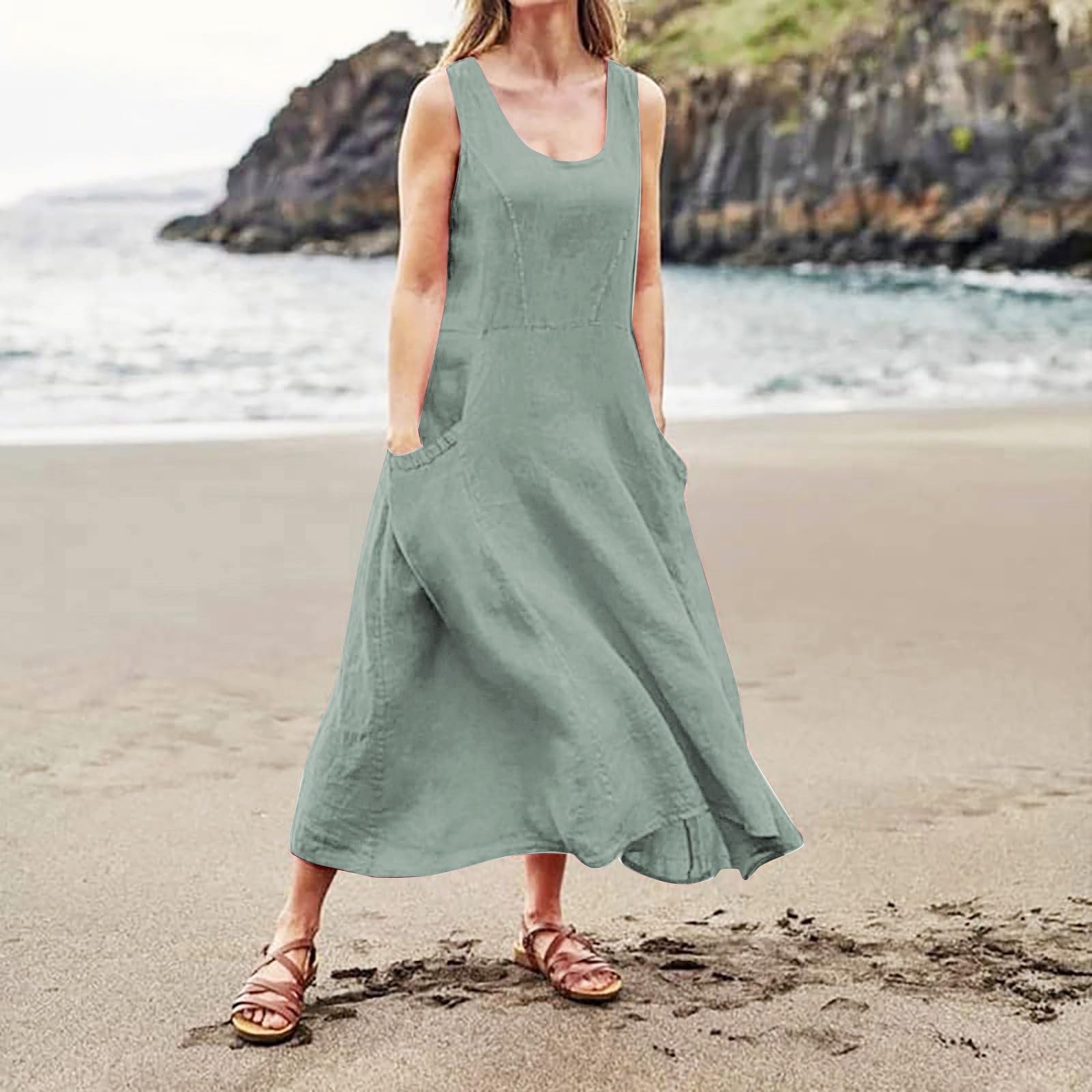 FUPODD Sommerkleider Damen Leicht Und Luftig Schwingen Tank Kleid Ärmellos Sommerkleid Damen Lang Elegant Maxikleid Damen Freizeit Locker Kleider Damen mit Taschen Strandkleid Damen Schick Einfarbig