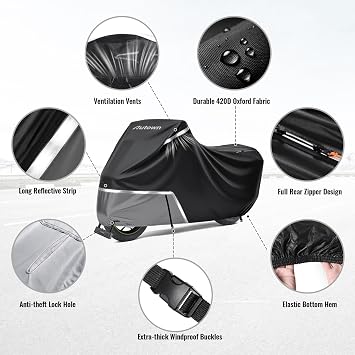 Motorcycle Cover Waterproof Outdoor, 420D Heavy Duty for Touring Bikes with Side Box & Top Case, Rear Zipper Access, Windproof Bike Cover Fits up to 108, Black & Gray