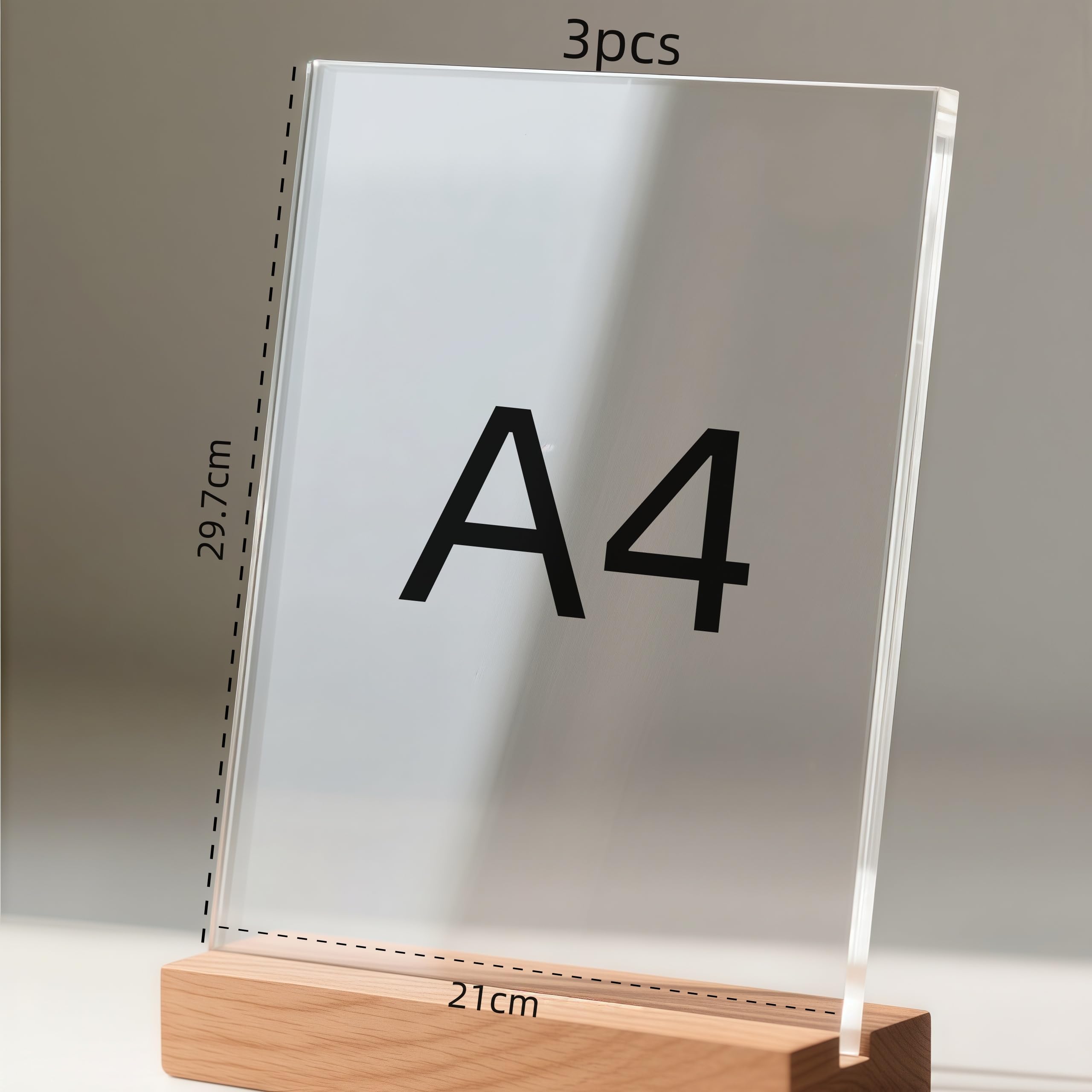 Segnalini dei prezzi, 3 pezzi, formato A4, con base in legno, supporto in acrilico, formato A4, espositore pubblicitario in acrilico, con base in legno, per matrimonio, ristorante, ufficio