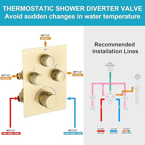 Miniatura 36 de Sistema de ducha de lluvia, cabezal de ducha de lluvia montado en la pared de 12 pulgadas con chorros corporales y ducha de mano, juego de grifo