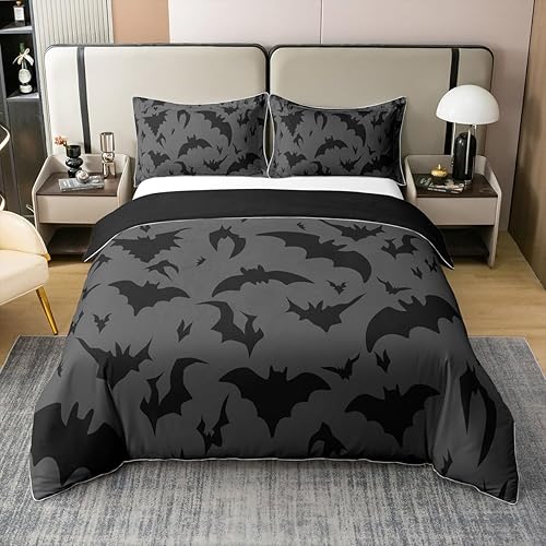 Juego de ropa de cama 100% algodón natural con patrón de murciélagos, tamaño individual, funda de edredón para niños con 1 funda de almohada, color