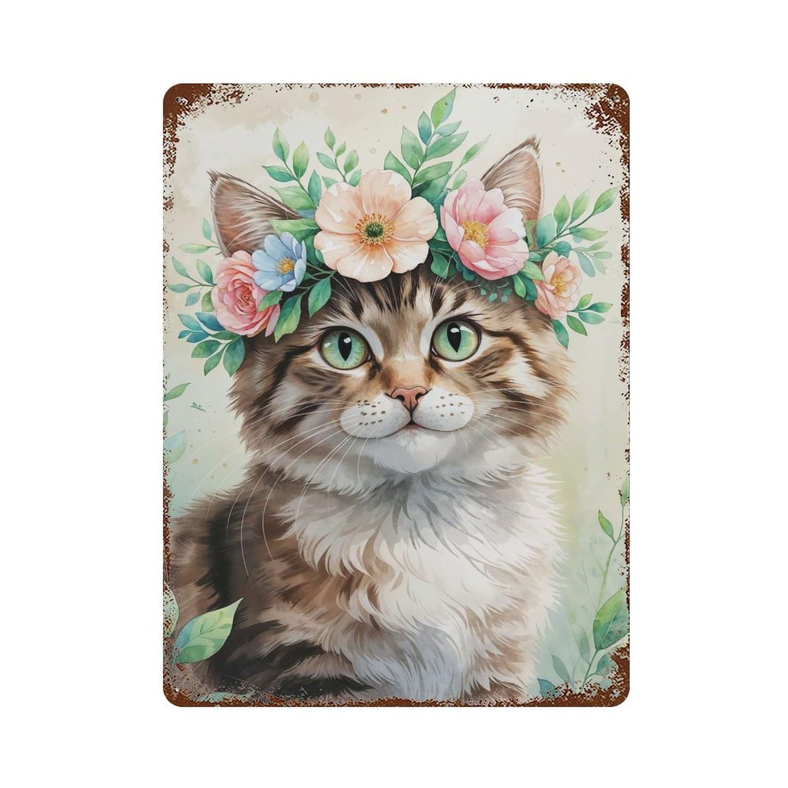 Cute Cat with Flower Crown Watercolor Rusty Metal Tin Sign 15.7"x11.8", Ideal for Farmhouse, Kitchen And Entryway Decor