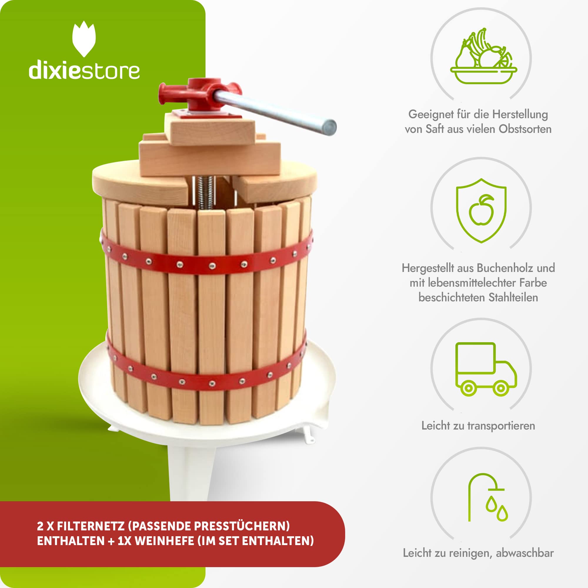 Dixiestore - Obstpresse Manuell mit 2 passenden Presstüchern und Weinhefe - Beerenpresse Manuell - Apfelpresse Manuell - Obstpresse Weinpresse - Mostpresse - Traubenpresse - Obstpresse 6 liter