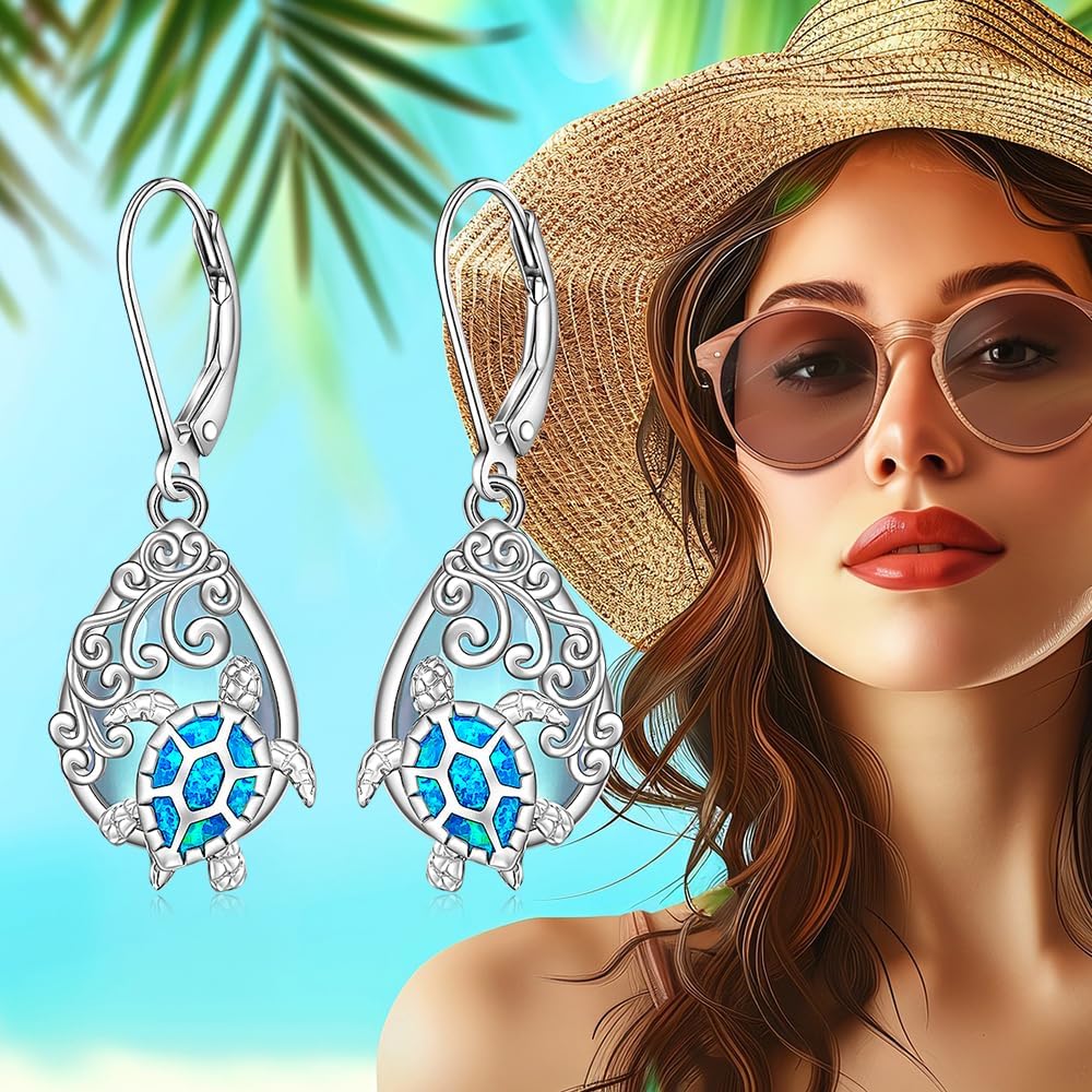 Sea Turtle Earrings Moonstone Turtle Earrings for Women Sterling Silver Blue Opal Turtles Jewelry Moonstone Leverback Dangle Christmas Gifts - Image 9