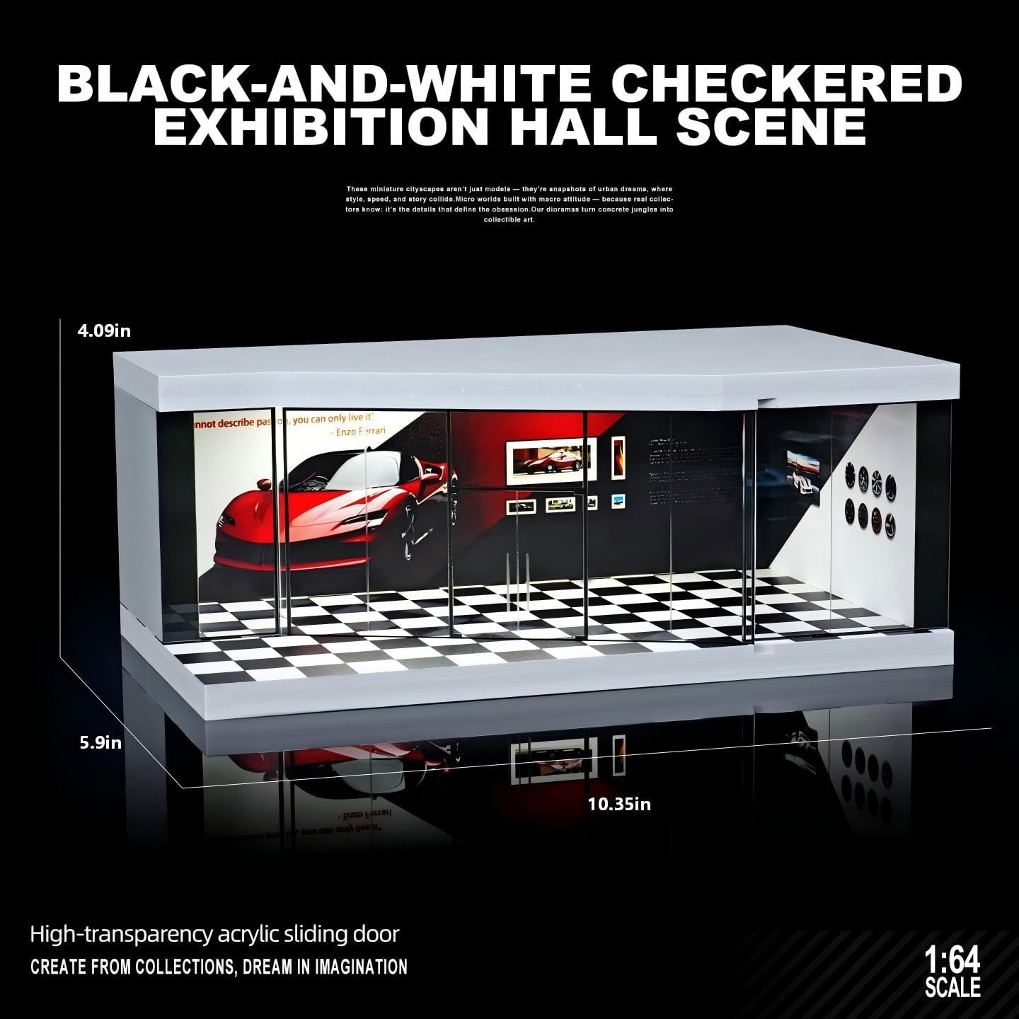 1:64 Scale Die-Cast Car Display Stand. Suitable for Hot Wheels, Matchbox, and Similar die-cast car Models. Setting and Lighting: Parking Lot (Black-and-White Checkered Exhibition Hall)