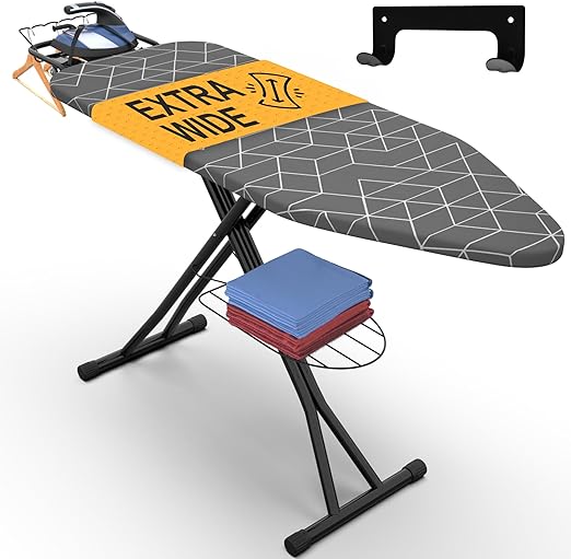 Xabitat Full Size Ironing Board 57" X 18" with Wall Mount Hanger, Full Metal Construction Iron Board, Built in Iron Caddy, Heat & Scorch Resistant Fabric, Cord Holder, Anti-Skid Feet, Heavy Duty