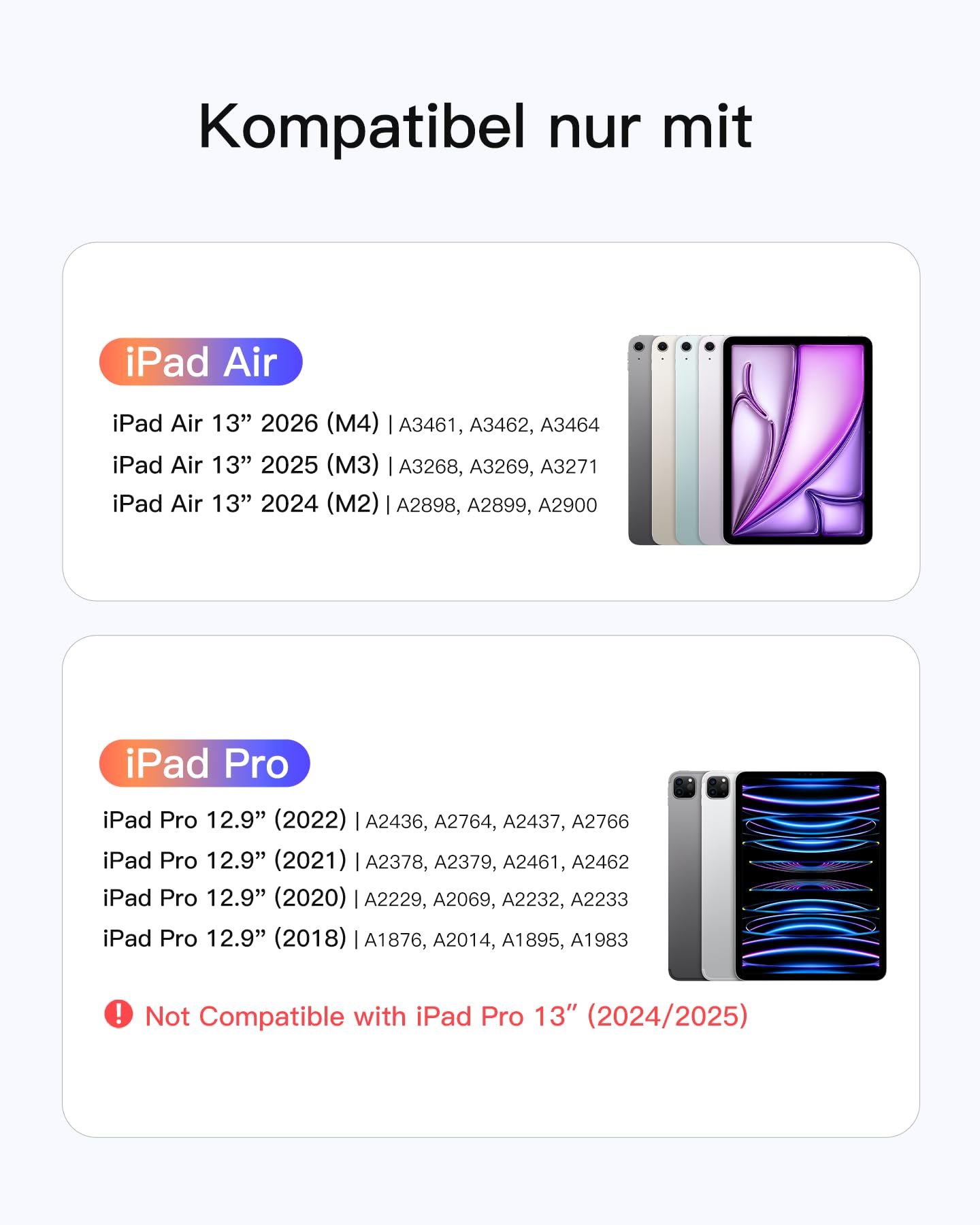 Inateck Hülle mit Tastatur iPad Air 13, großes 6" Präzisions-Touchpad | für iPad Pro 12,9", abnehmbar, vertikal/horizontal, 7 FarbigerBeleuchtung, verstecktes Stiftfach, AceTouch, Grau