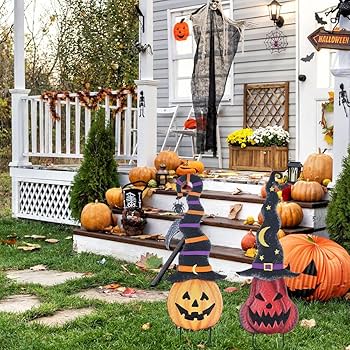 2-Pack Metal Pumpkin Garden Stakes With Witch Hats - Halloween Outdoor Decor 32" & 30.7" Height