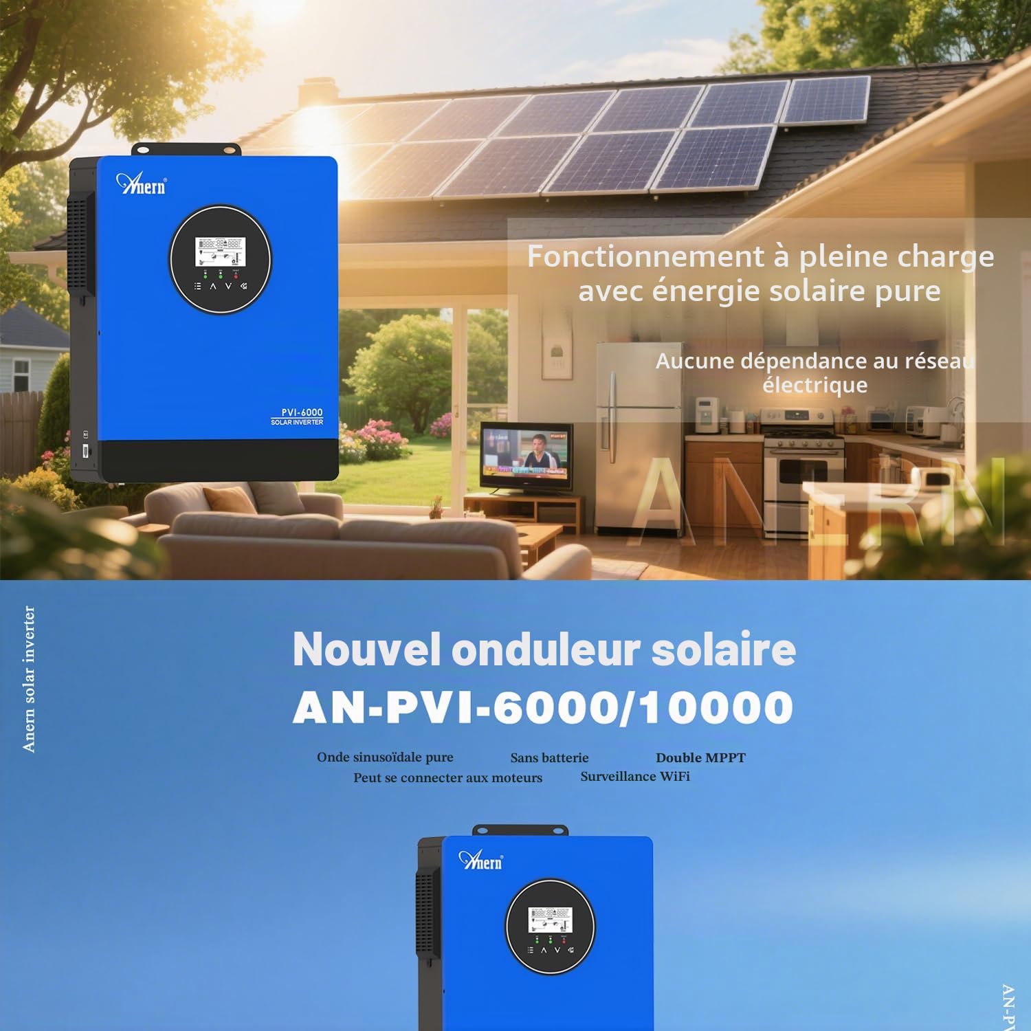 Anern Onduleur Solaire 6KW 220V-240V CA intégré 2 MPPT Fonction CT Convertisseur,Impossible de Connecter la Batterie Peut Connecter Un Moteur 3P ou Une Pompe à Eau,Tension MPPT 60-450V CC