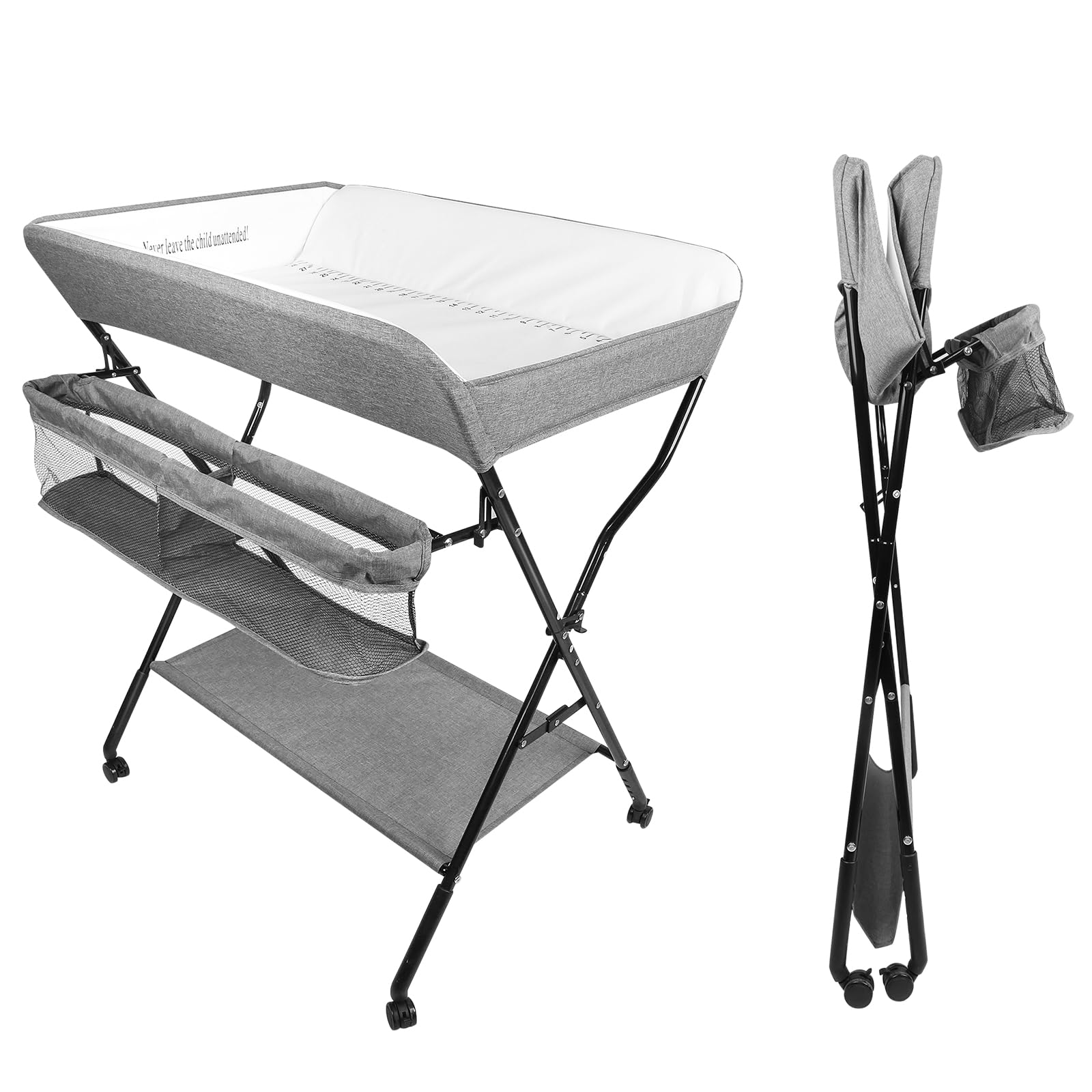 OHMG Fasciatoio Pieghevole Fasciatoio Portatile con Cintura di Sicurezza e Scomparti Portaoggetti,Tavolo Cambio Pannolini Multifunzionale Portatile per Bagnetto Neonati,4 ruotes