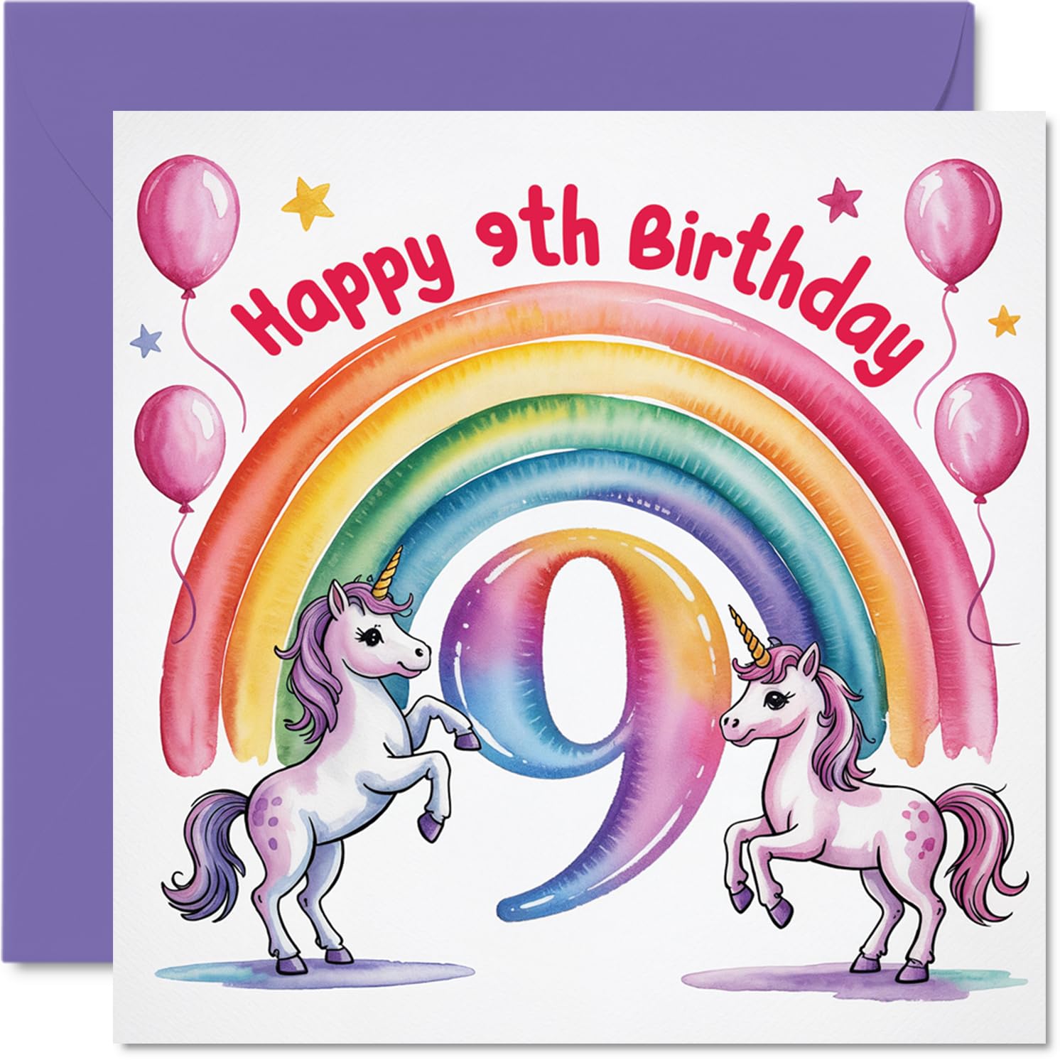 Playful 9th Birthday Card - Bursting with Birthday Magic - Playful Unicorns, Rainbow and Balloons in Bright Pinks and Purples - 145mm Square, Envelope Included