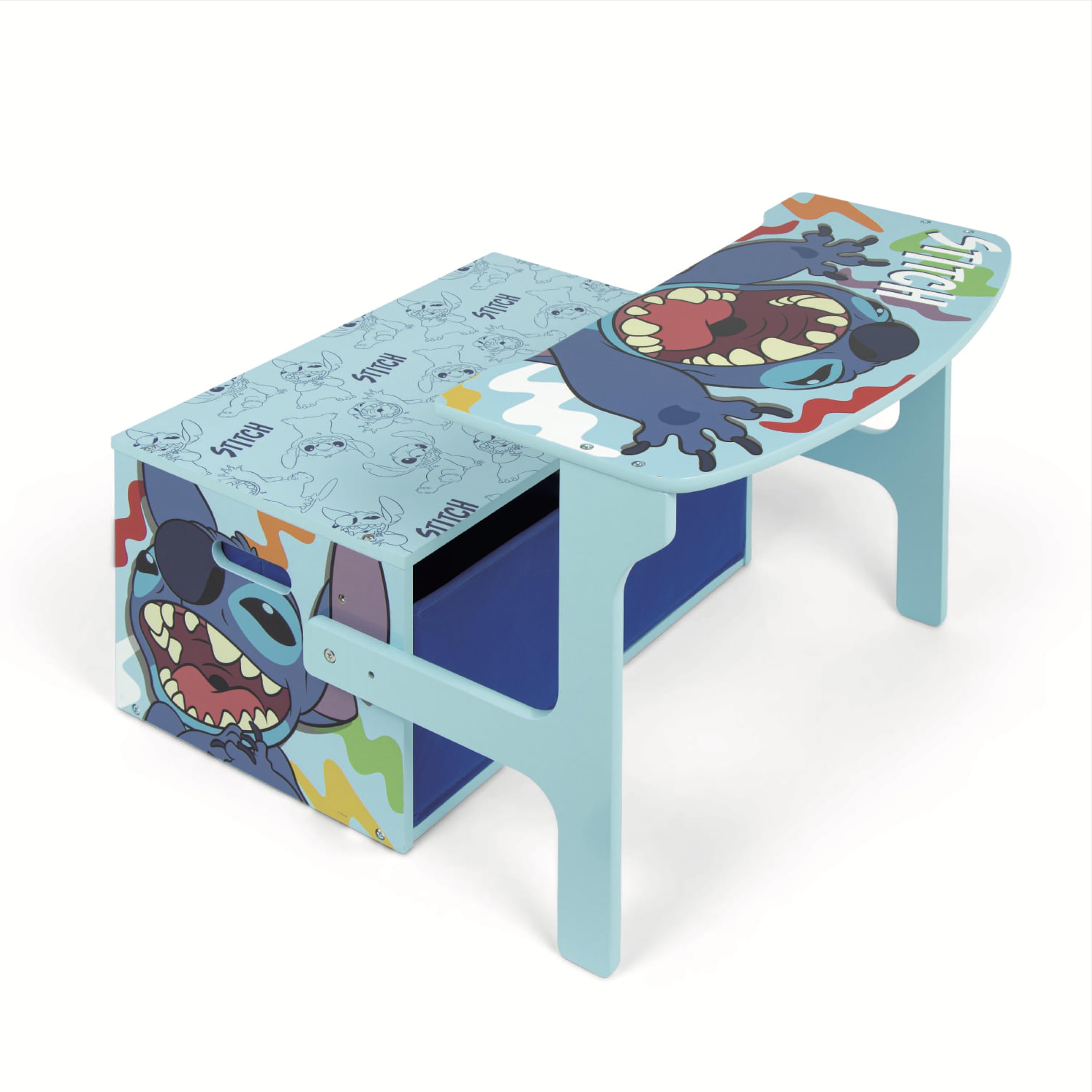 ARDITEX - Banc pupitre en Bois pour Enfants Convertible en Bureau avec Espace de Rangement inférieur Stitch de Disney - 60x47x56cm - Couleur Bleu et Turquoise - Idéal pour Chambre d’Enfant