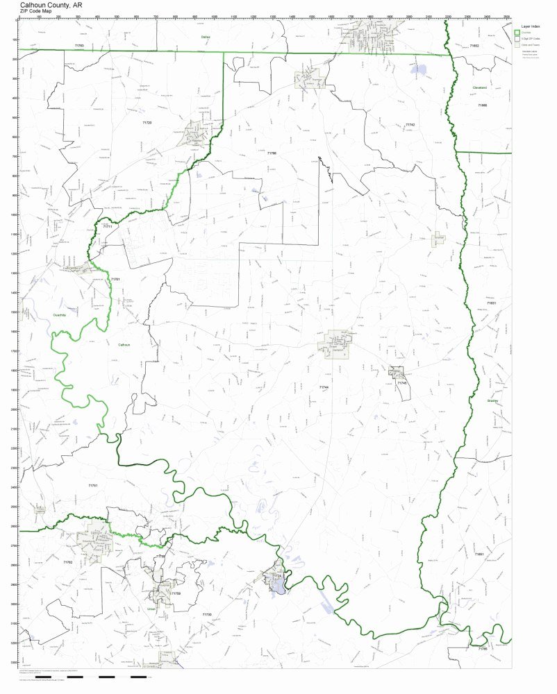 Calhoun County, Arkansas AR ZIP Code Map Not Laminated