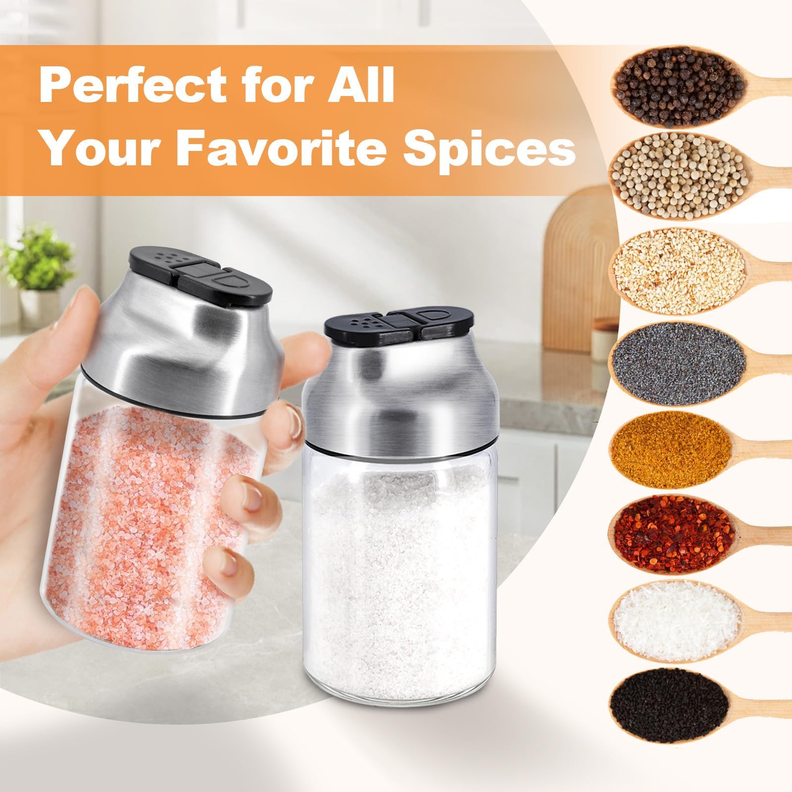 Aelga Juego de salero y pimentero, salero de vidrio de 5 onzas con agujeros de vertido ajustables, dispensador de azúcar con tapa de acero inoxidable, elegantes accesorios de mesa de cocina