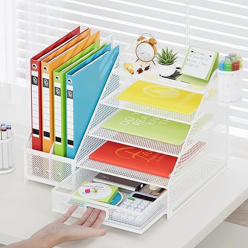 Miniatura 7 de Marbrasse Desk Organizer with File Holder, 5-Tier Paper Letter Tray Organizer with Drawer and 2 Pen Holder,Mesh Desk Organizers and