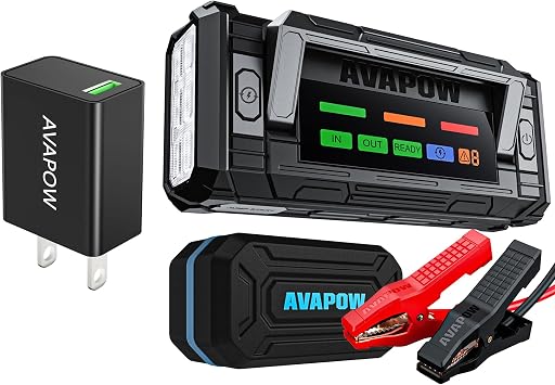 AVAPOW 8000A Battery Jumper Starter Portable with 4 HD Display PD 30W Dual-Way Fast Charging&AVAPOW USB C Wall Charger Fast Charging, 3A/5V 18W USB-C Power Adapter Charger